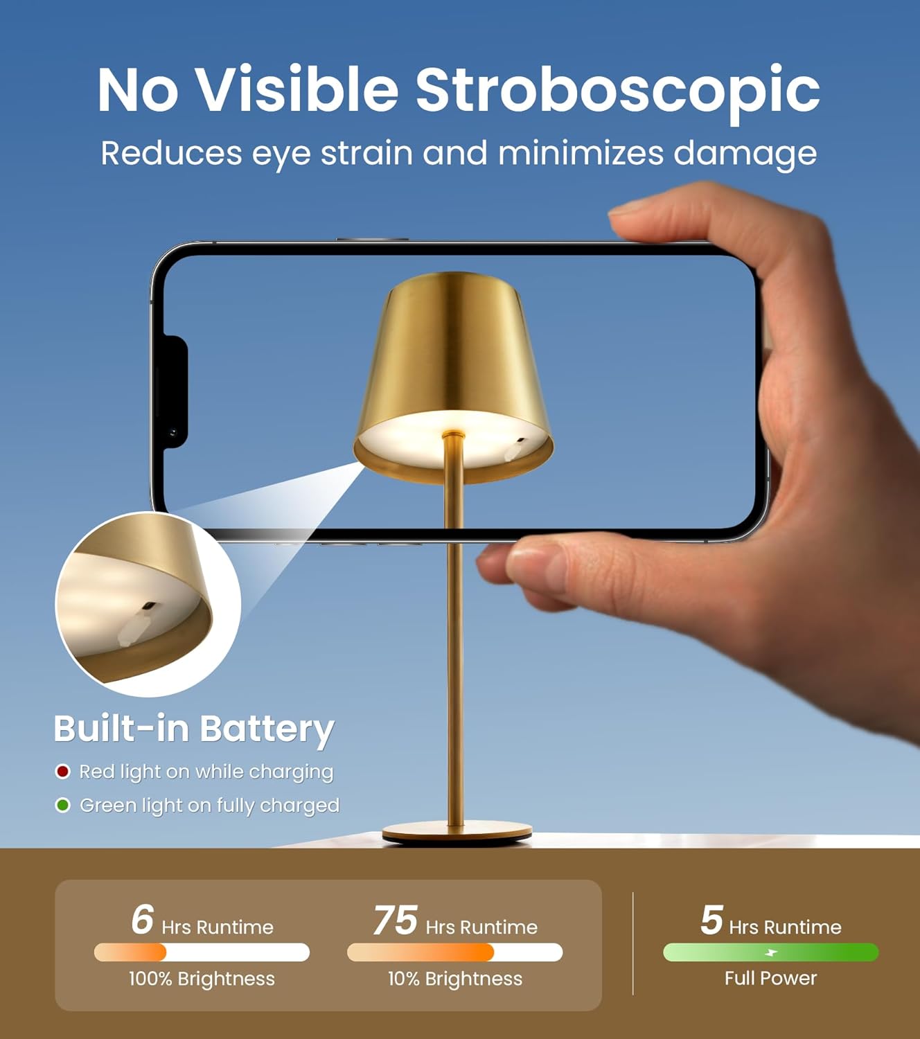 3 Pack Cordless Table Lamp, Portable Battery Operated Lamp with 3 Color Temps and Stepless Dimming, Rechargeable Table Lamp for Dinner, Desk, Cafe, Outdoor (Brushed Gold)