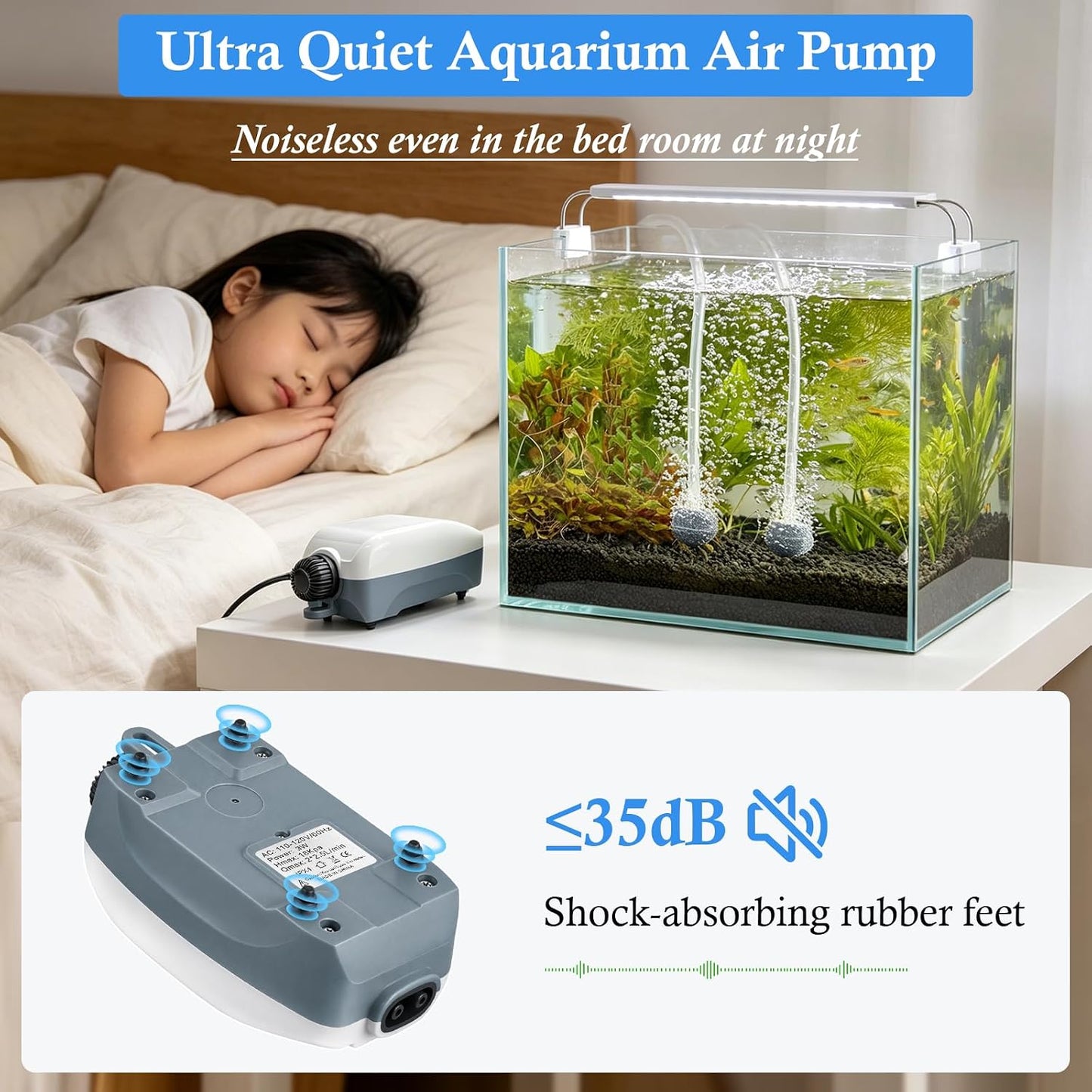 HITOP Dual Outlet Aquarium Electric Air Pump, Whisper Adjustable Fish Tank Aerator, Quiet Oxygen Pump with Accessories for 10 to 100 Gallon