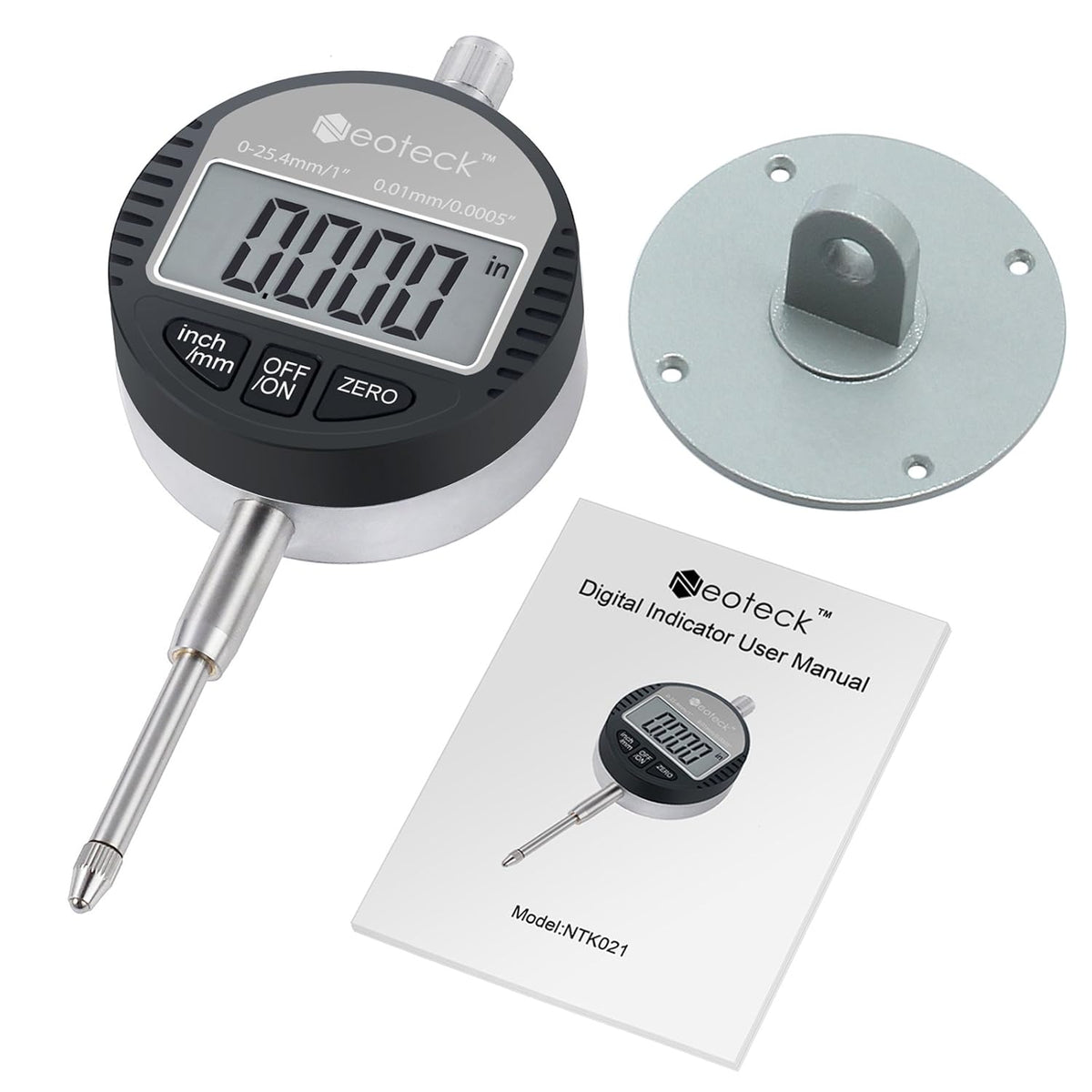 Neoteck 1"/25.4mm Digital Dial Indicator 0.0005"/0.01mm Dial Test Indicator | DTI Dial Gauge with Large LCD Display,Inch/Metric Conversion,Zero Setting for Mechanical Industrial Measurement CNC-Grey