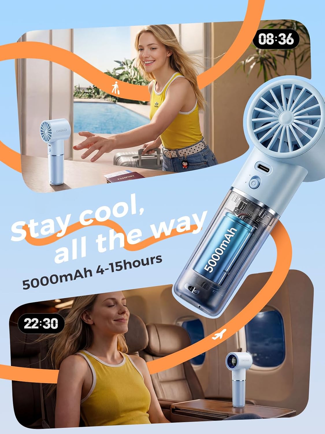Handheld Portable Fan, 6-Speed Rechargeable Powerful Mini Fan | 5000mAh Battery Up to 15 Hours Runtime, Smart LED Display, Pocket Turbo Personal Fan for Travel, Camping, Makeup