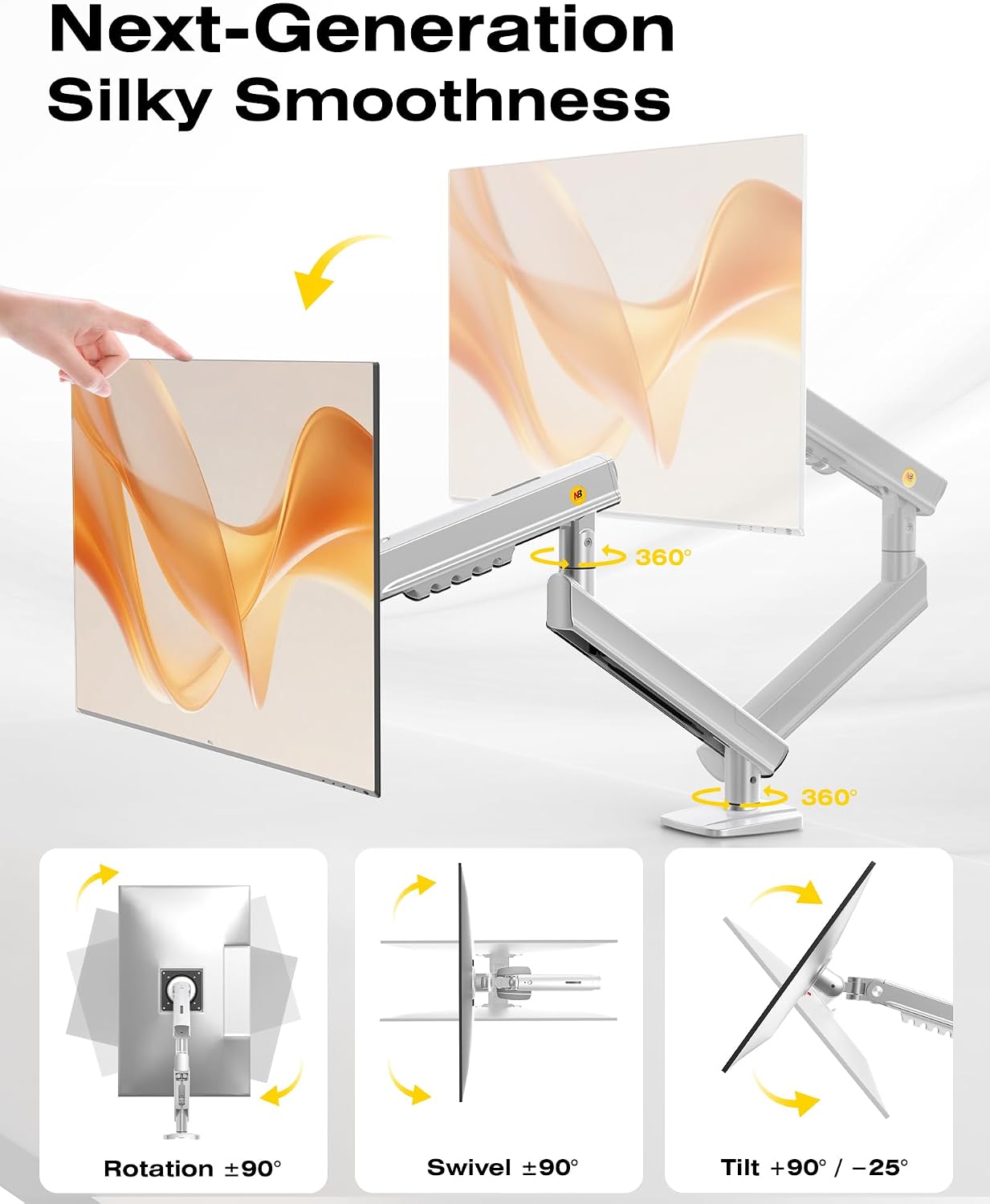 NB SmooVex™ Single Computer Monitor Mount, Monitor Stand fits up to 32 Inch, Mechanical Spring Monitor Arm, VESA 75/100 mm, Model-A5 (Silver)