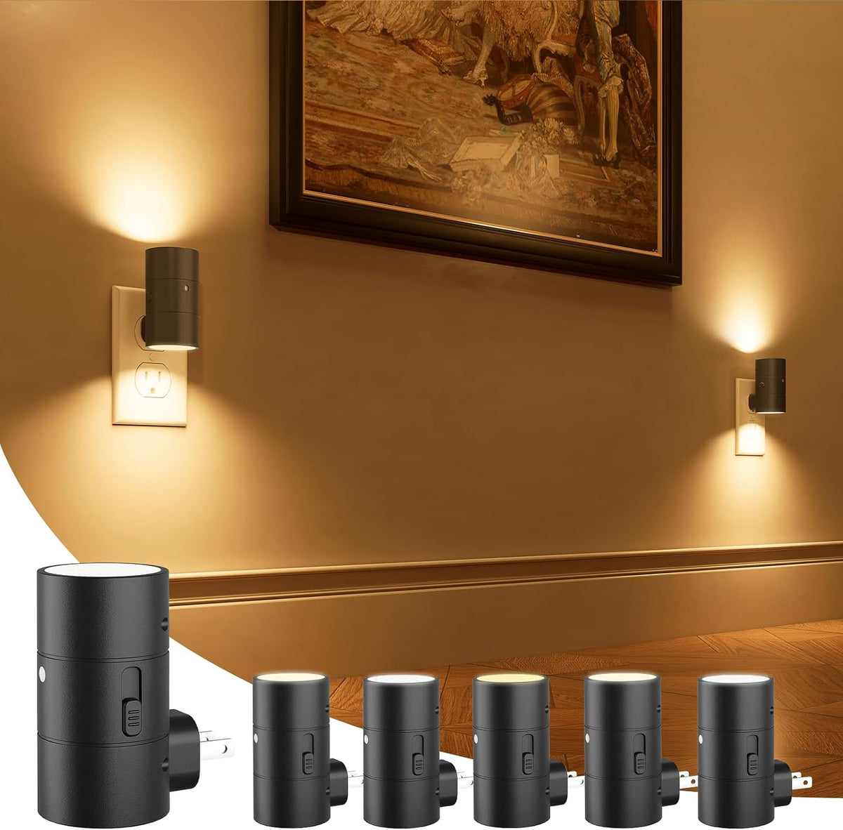 NIORSUN Night Lights Plug into Wall, Dimmable with 3 Color Modes & Auto On/Off Sensor, Ultra-Slim Nightlight for Hallway, Bathroom, Bedroom, Nursery, Kitchen (6 Pack, Black)