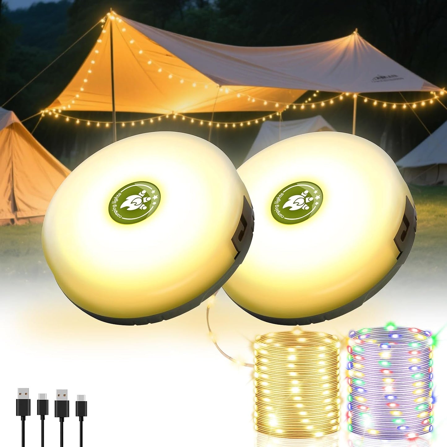 2 Pack Camping String Lights 4 in 1, 8 Modes Rechargeable Fairy Tent Lights | 30s Quick Storage, 32.8FT RGB Retractable Lights, Camping Essential Gear, Waterproof Hanging LED Lantern, Outdoor Party Decor