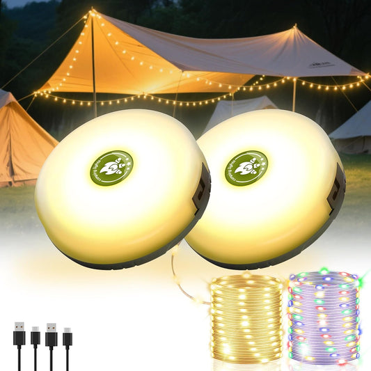 2 Pack Camping String Lights 4 in 1, 8 Modes Rechargeable Fairy Tent Lights | 30s Quick Storage, 32.8FT RGB Retractable Lights, Camping Essential Gear, Waterproof Hanging LED Lantern, Outdoor Party Decor