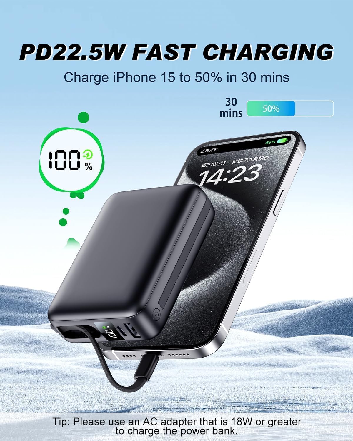 Portable Charger 50000mAh, PD22.5W Fast Charge Power Bank Built-in 2 Cables | Portable Phone Charger for iPhone/Android/Samsung Galaxy Travel Essential (Black)