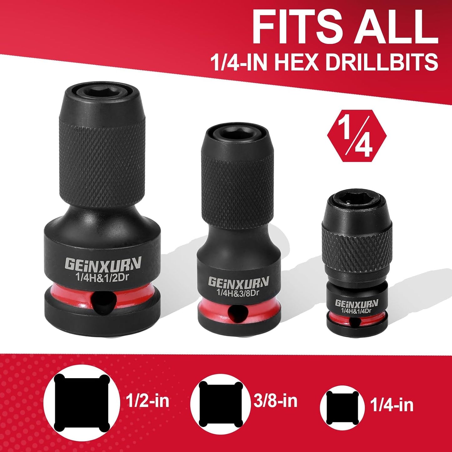 3PCS Impact Screwdriver Bit Holders Include 1/2-inch, 3/8-inch and 1/4-inch Square Drive to 1/4-Inch Quick Release Hex Socket Adapter for Impact Wrench