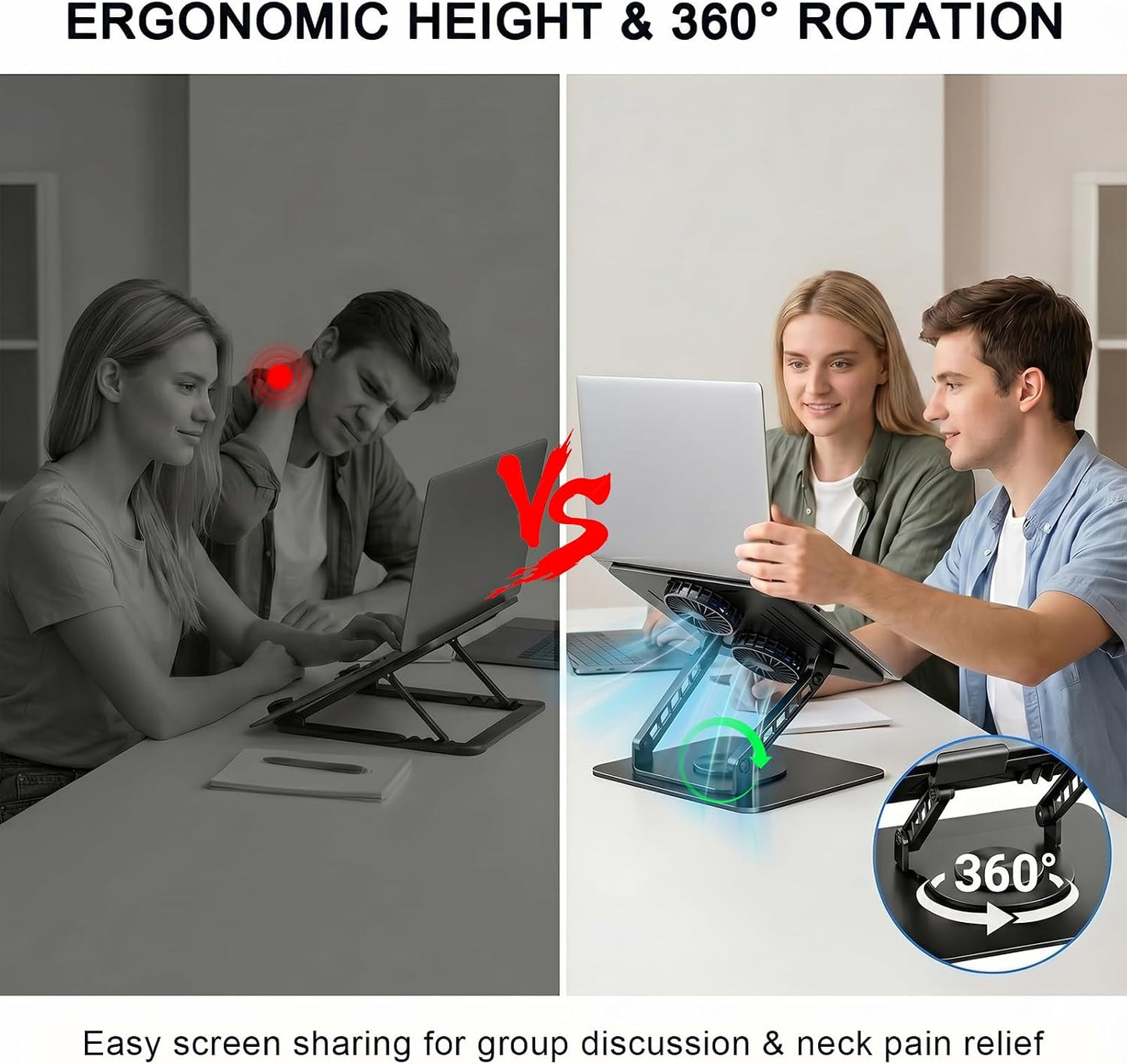 Laptop Stand with Cooling Fan, 360° Rotating Base Aluminum Laptop Riser, Foldable Ergonomic Computer Stand for Desk, Height Adjustable Notebook & All Laptops Up to 17.3" (Black)