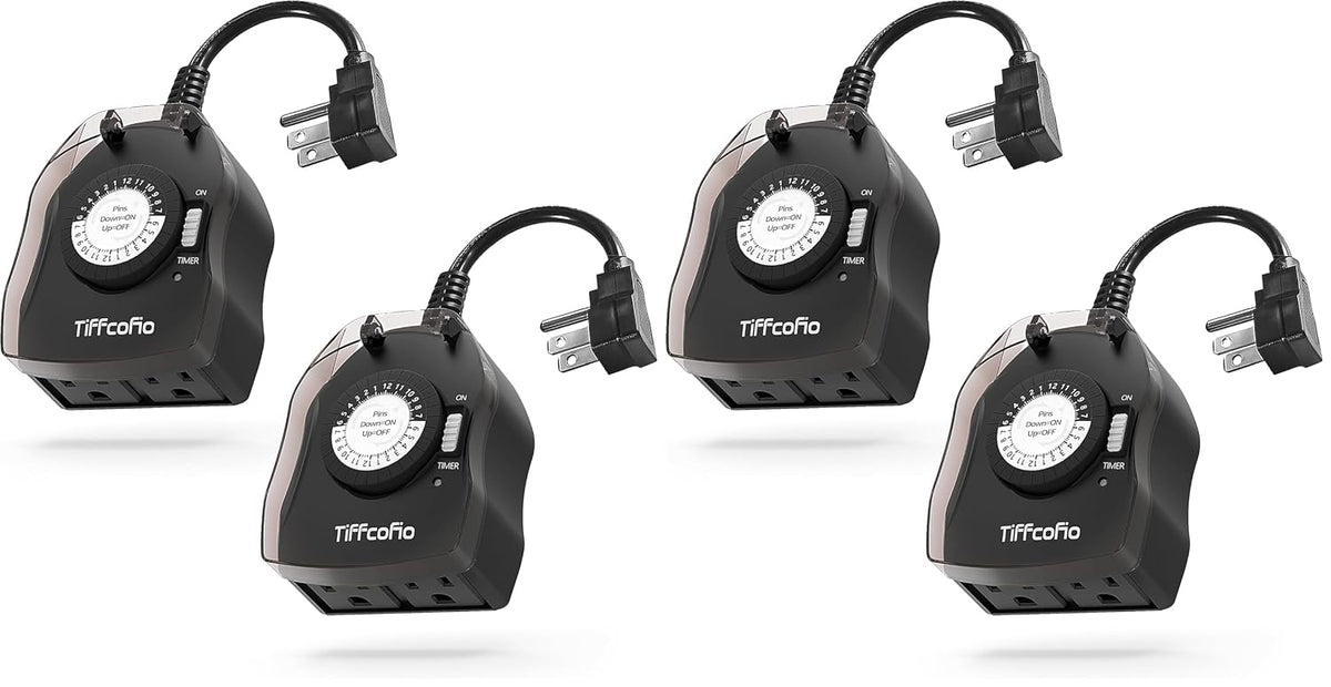 TiFFCOFiO Outdoor Timer Outlet for Lights, 24 Hour Mechanical, Outdoor Light Timer Waterproof, 2 Grounded Outlets for Home and Garden, 15A 1/2HP, Heavy Duty, CSA Listed (2 Pack)
