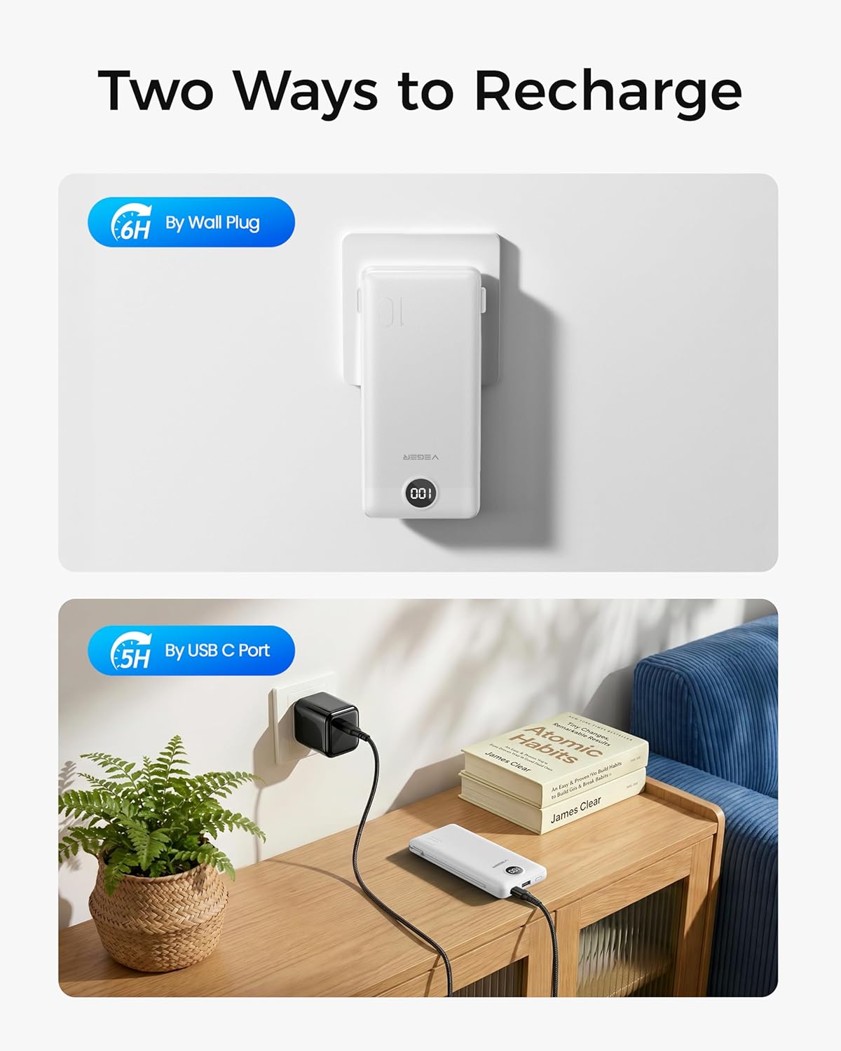 VEGER Portable Charger for iPhone, Power Bank Built in Cable and Wall Plug | 10000mAh,Ultra Slim&Compact,5 Outputs,LED Display,Flight-Safe,Travel Essentials Battery Pack for iPhone 17,iPad, Samsung,etc