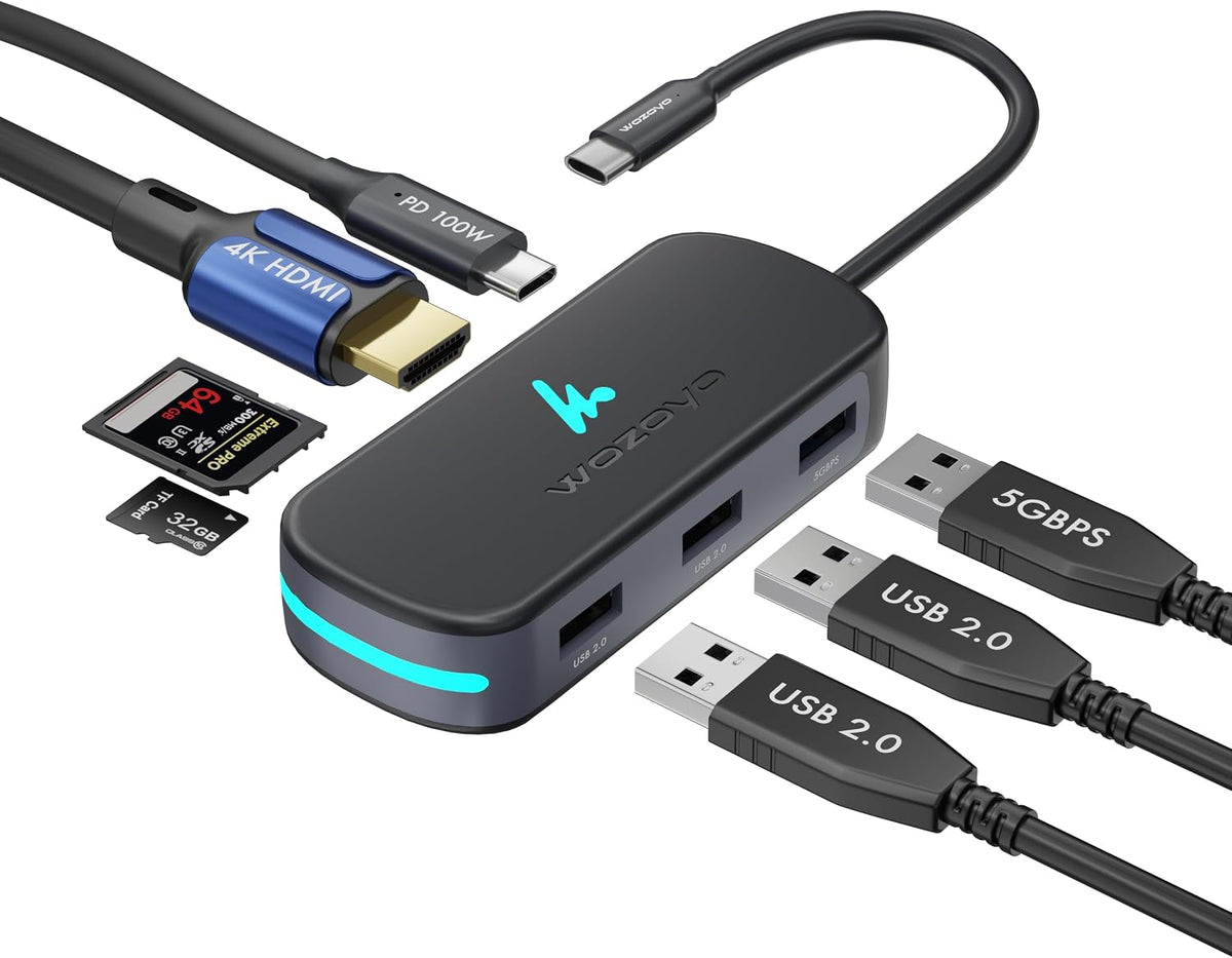 Type C 7 in 1 Wozoyo Docking Station with USB 5Gbps (3.2 Gen 1), 2XUSB 2.0, 4K@60Hz HDMI, SD & TF Card Reader, PD 100W, USB-C Hub, Compatible with Thunderbolt 4, macOS, Windows, Android & iOS