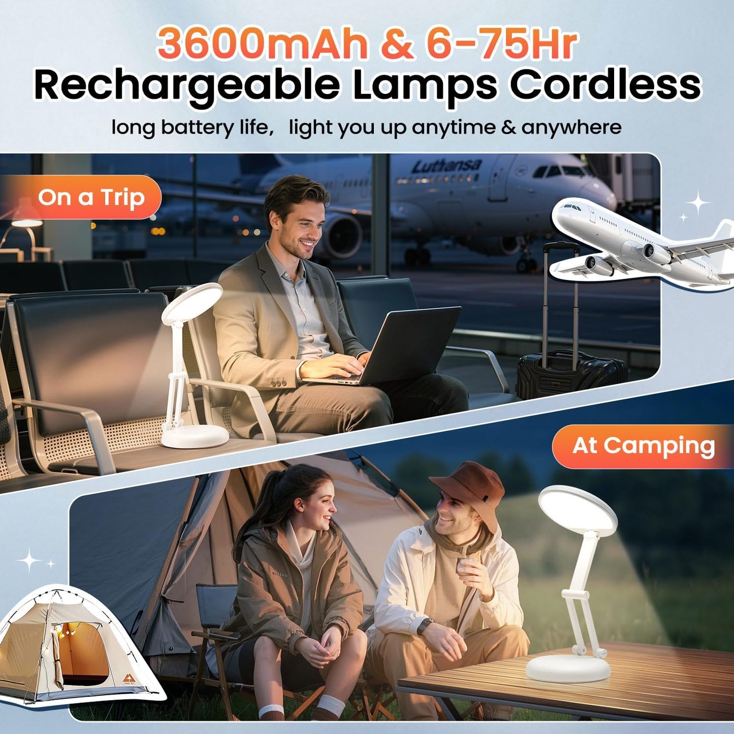 One Fire Rechargeable Table Lamp, 3600mAh Battery Operated lamp, Portable | Cordless, 10 Brightness, Small Size, Foldable Design, 6-288h Endurance, Touch Control, Reading, Travel,Office,Nail,Emergency