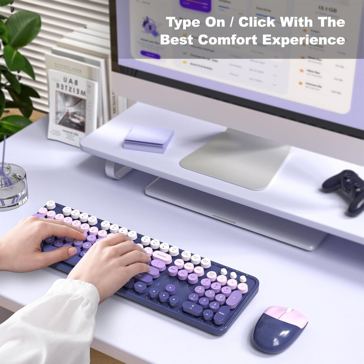 MOFII Wireless Computer Keyboard and Mouse Combo, Typewriter Full Size Keyboard with Number Pad and 2 in 1 USB Connected Mouse for PC Laptop Desktop Windows (Purple)