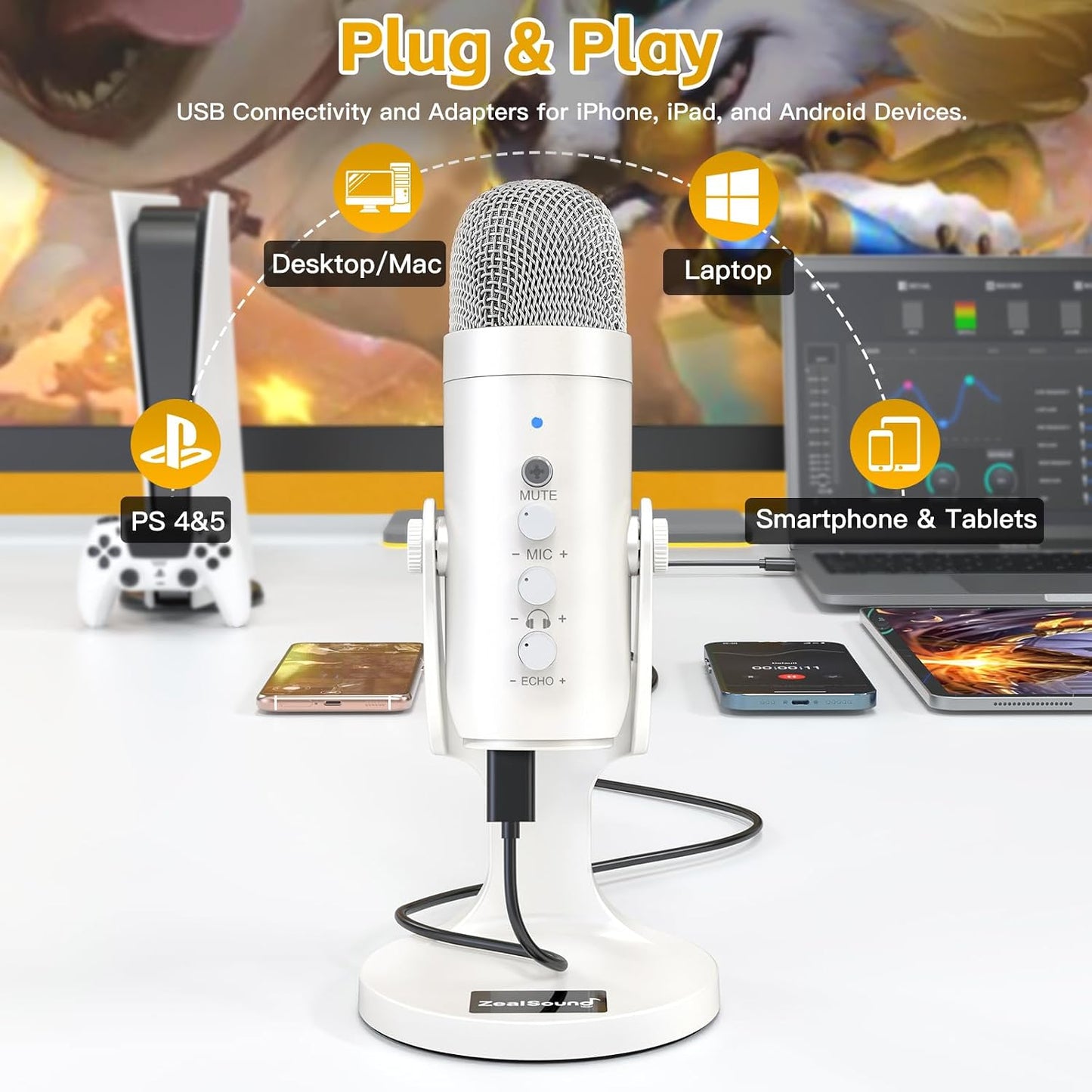 ZealSound Podcast Microphone for iPhone PC & Android, Noise Cancellation Mic with Gain Knob, Volume Adjustment & Mute Button, Monitor & Echo, for ASMR Podcasting Recording YouTube & TikTok - K66 White