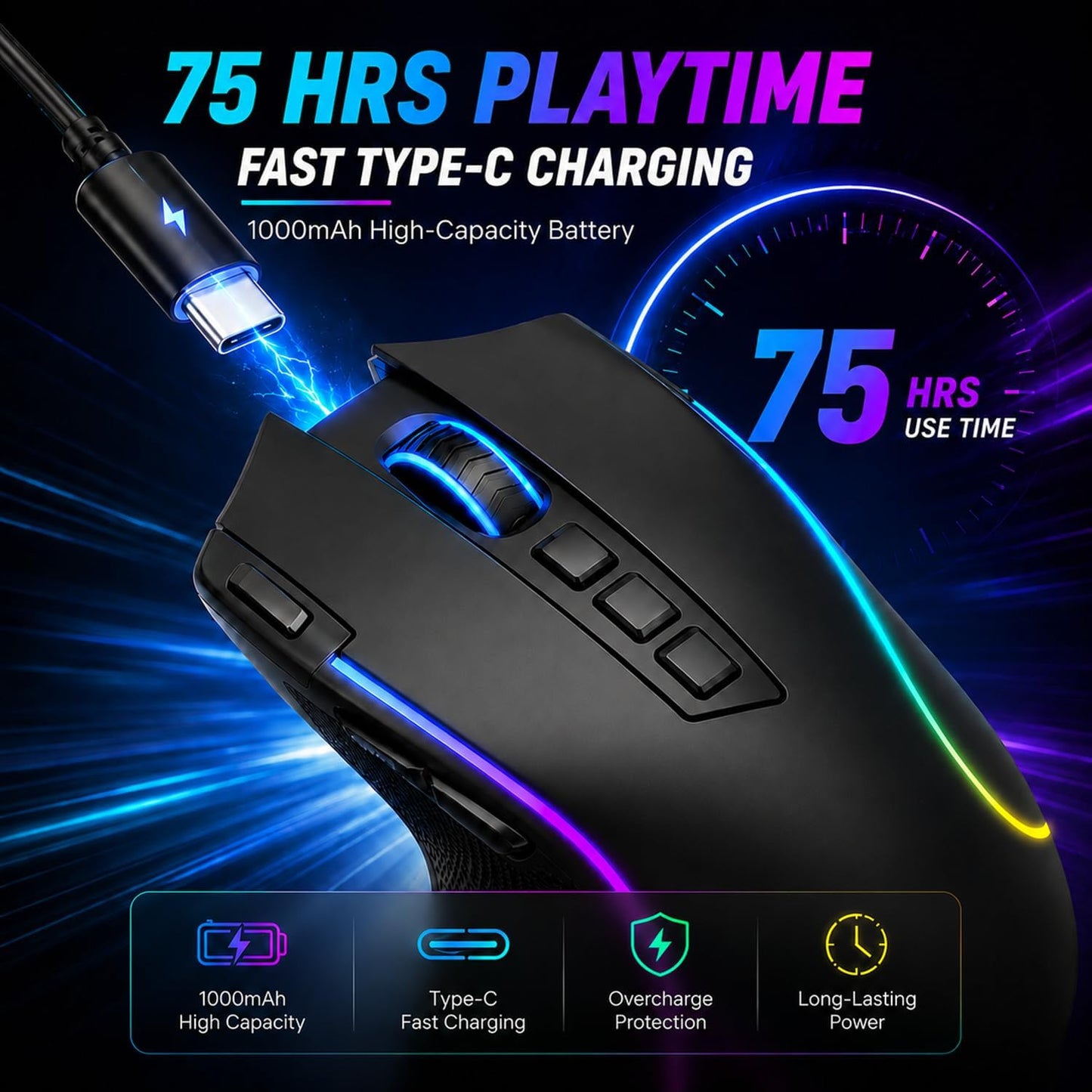 E-YOOSO Ergonomic Wireless Gaming Mouse, Tri-Mode, Rapid Fire Key, 8000 DPI | 9 programmable buttons, 6 RGB modes, 75-hour battery, contoured thumb rest, 1000Hz polling, for right-handed gaming and work