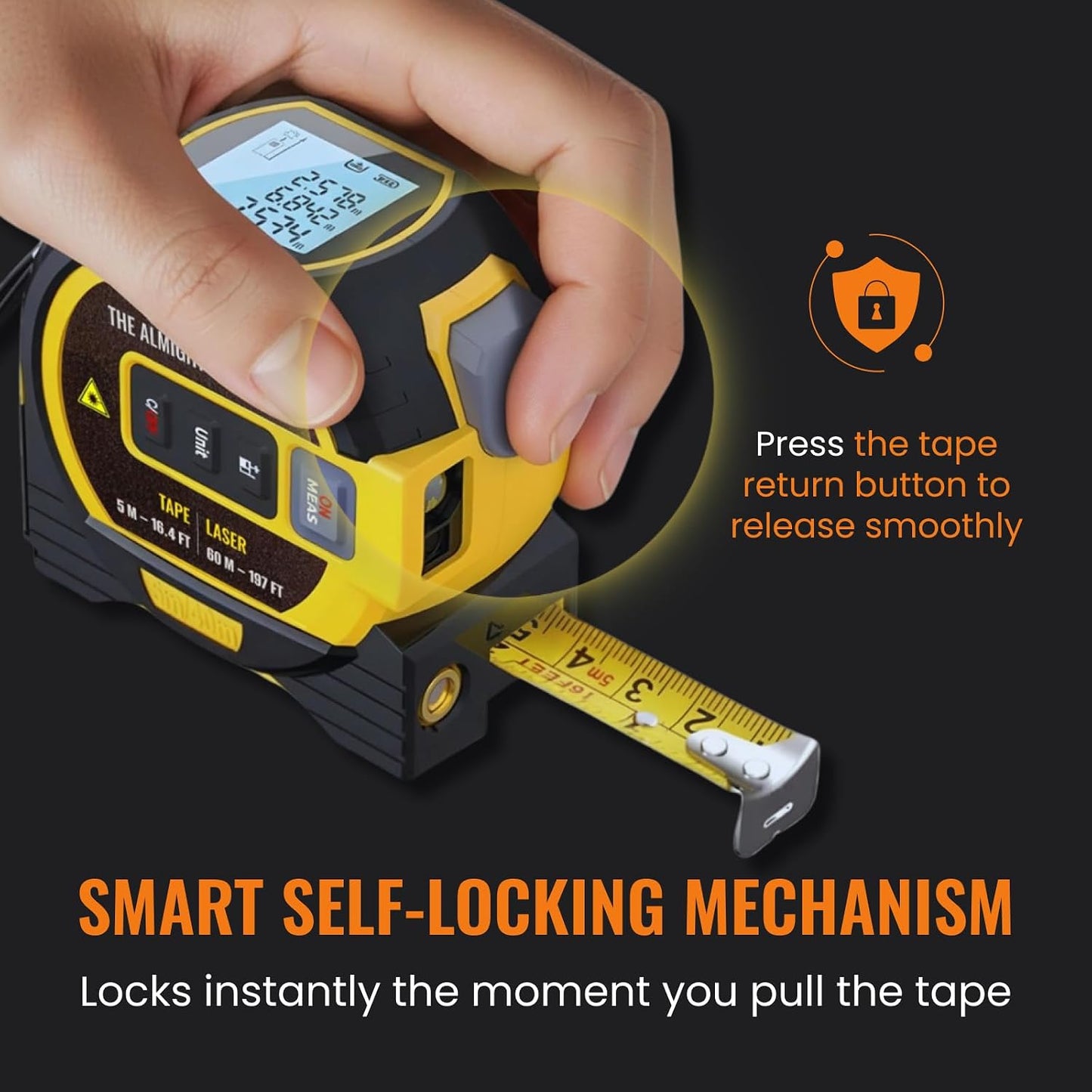 The Almighty Ruler Laser Tape Measure | Laser Distance Measurer, Heavy-Duty Tool with Cross Marking Feature, Smart Range Finder, Easy-Read Display, Ft & Metric Measurement | 131 ft | 43 yd | 40 m