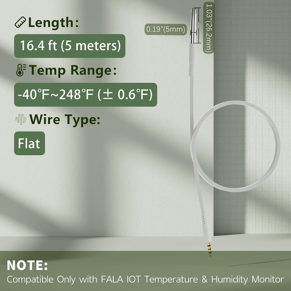 External Flat Temperature Sensor Probe – Waterproof, Wide Range (-40°F to 248°F), 16.4ft Length for Aquarium,Greenhouse, Farm, Freezer & Industrial Use, Only for FALA IOT Detector, 5 Meters