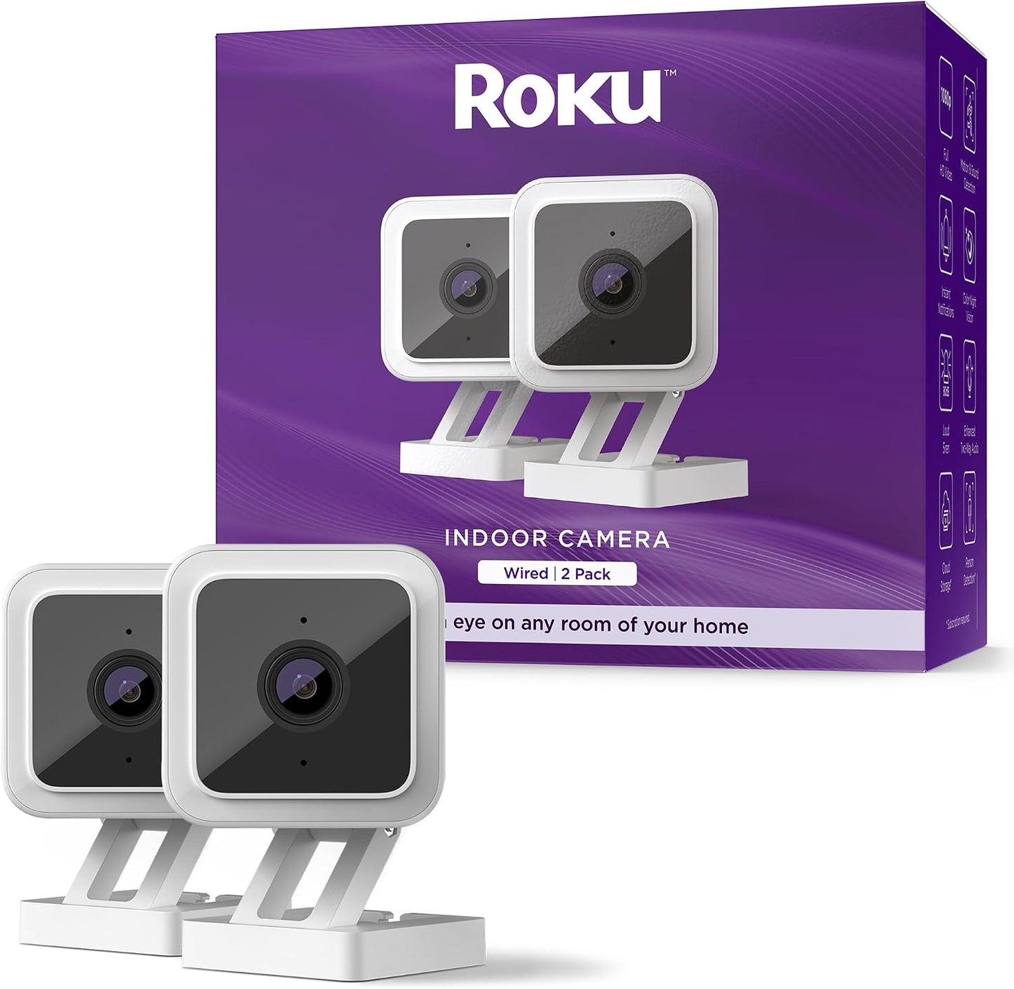 Roku Indoor Camera for Home Security, 2-Pack - Wired Security Camera with 1080p HD Color Night Vision, Compatible with Alexa & Google, Motion & Sound Detection, Built-in Siren (Renewed)