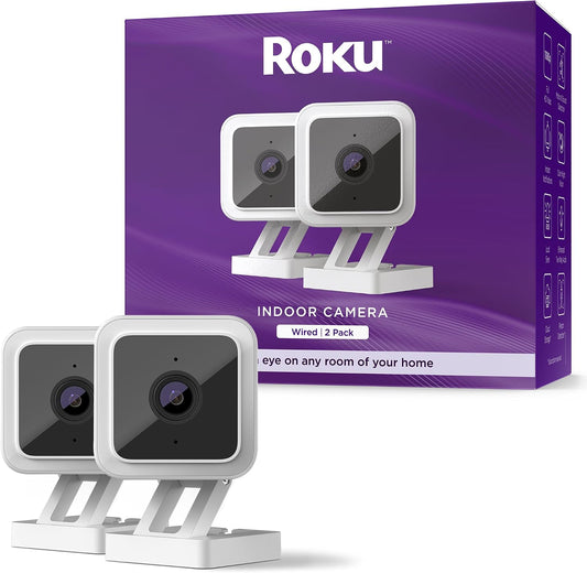 Roku Indoor Camera for Home Security, 2-Pack - Wired Security Camera with 1080p HD Color Night Vision, Compatible with Alexa & Google, Motion & Sound Detection, Built-in Siren (Renewed)