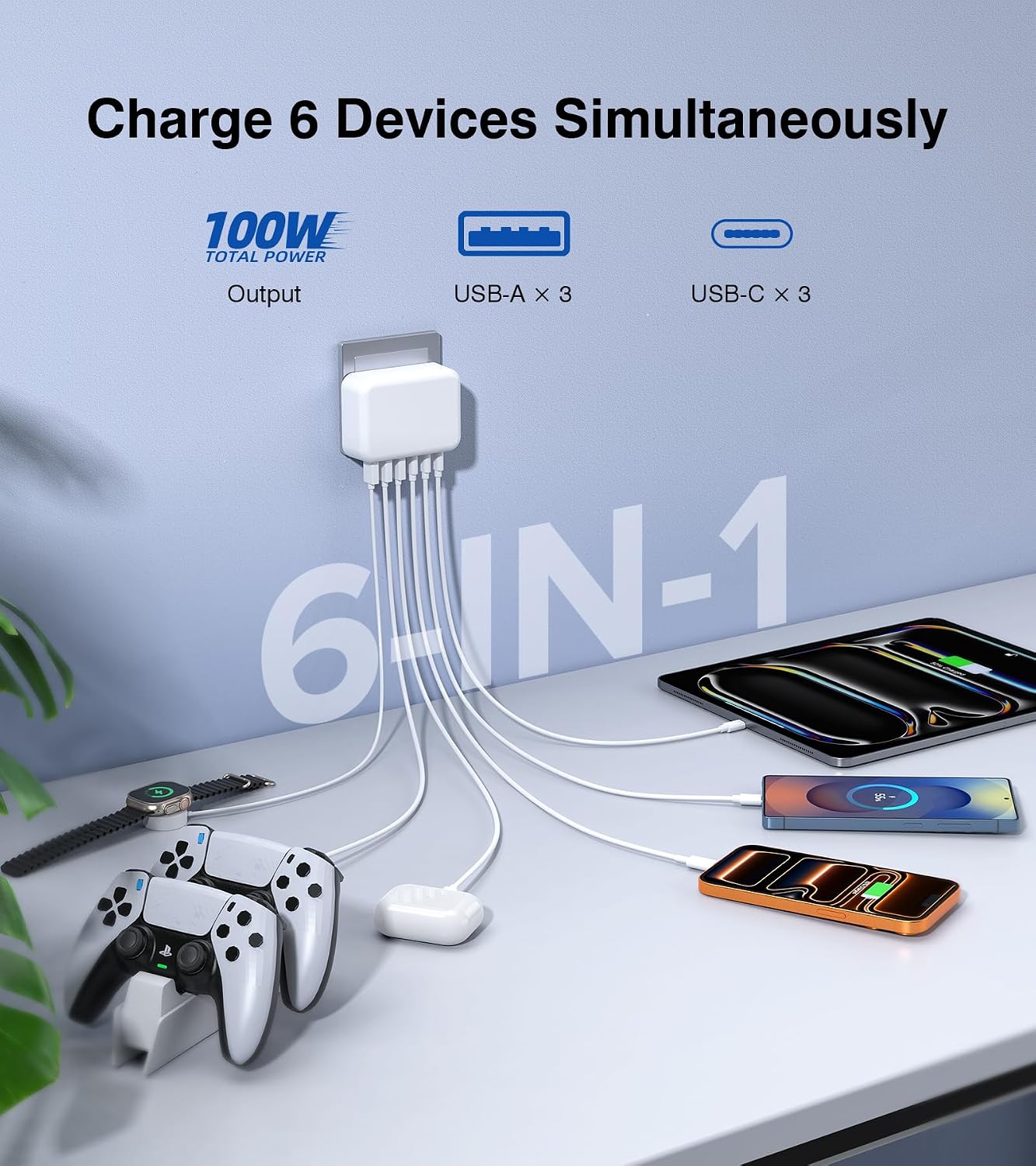 100W USB Fast Charger Block, Flat 6-Port Fast GaN USB Charging Station Hub | Multiple USB C Wall Charger Plug, Compact Charging Block for iPhone 17/16/15/14/13/12/11/Pro Max/XS/XR,iPad,Samsung,LG,HTC