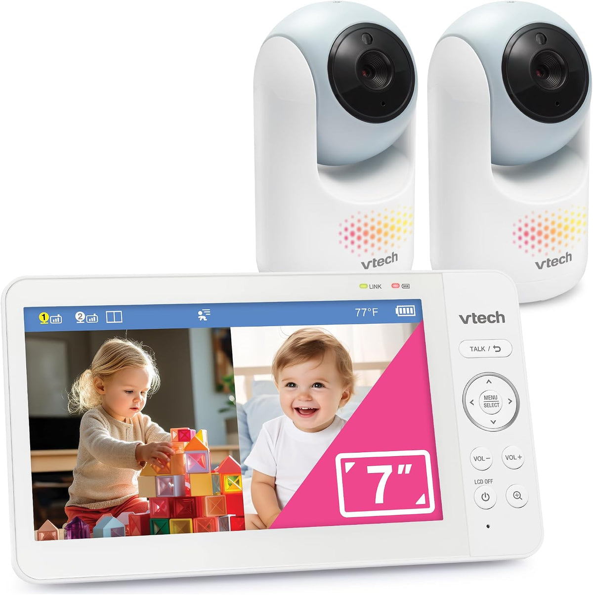 VTech Baby Monitor No WiFi, 2 Cameras, 7" Split IPS Screen, 5000mAh 12Hr Battery, 360° Pan Tilt Zoom, Night Vision, Night Light| Advanced Max Twin Blue