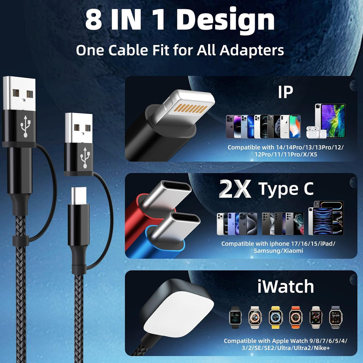 Travel Essentials 4-in-2 Multi Charging Cable for Apple Watch Charger, 5FT | Charging Cords for Multiple Devices with Dual Type-C/IP/iWatch Charger, Travel Cable for iWatch Ultra/11-2, iPhone17-8