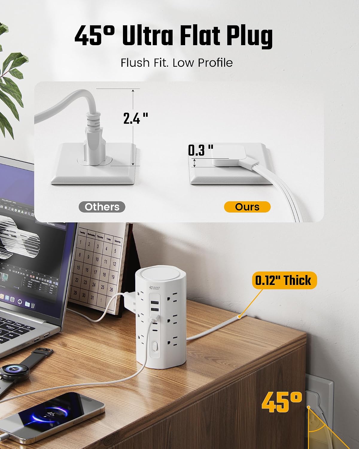 SUPERDANNY Tower Power Strip, 10Ft Extension Cord, 1700J, 12 AC 5 USB,White | 3 USB A, 2 USB C, Surge Protector Power Tower, Flat Plug, Desk Charging Station with Multiple Outlets, Home Office Dorm Room
