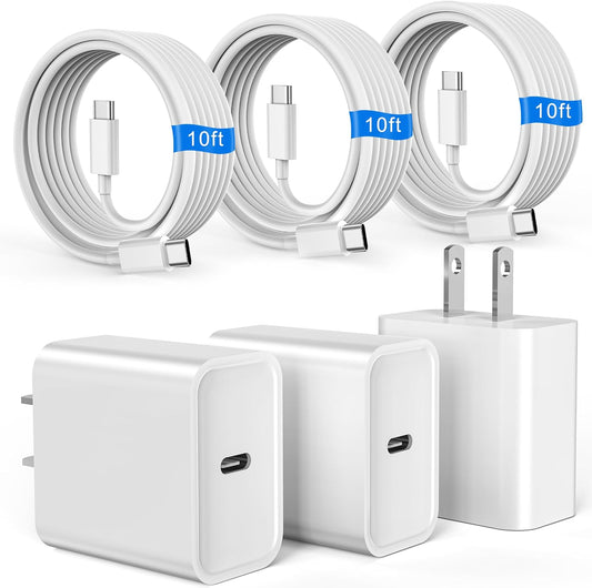 iPhone 17 16 15 Charger Fast Charging USB C Charger Type C Chargers Block | Extra Long 10FT Cable with 3Pack PD 20W USB C Charger Blocks for iPhone 17/17 Pro/17 Pro Max/16/16 Pro/16 Pro Max/15