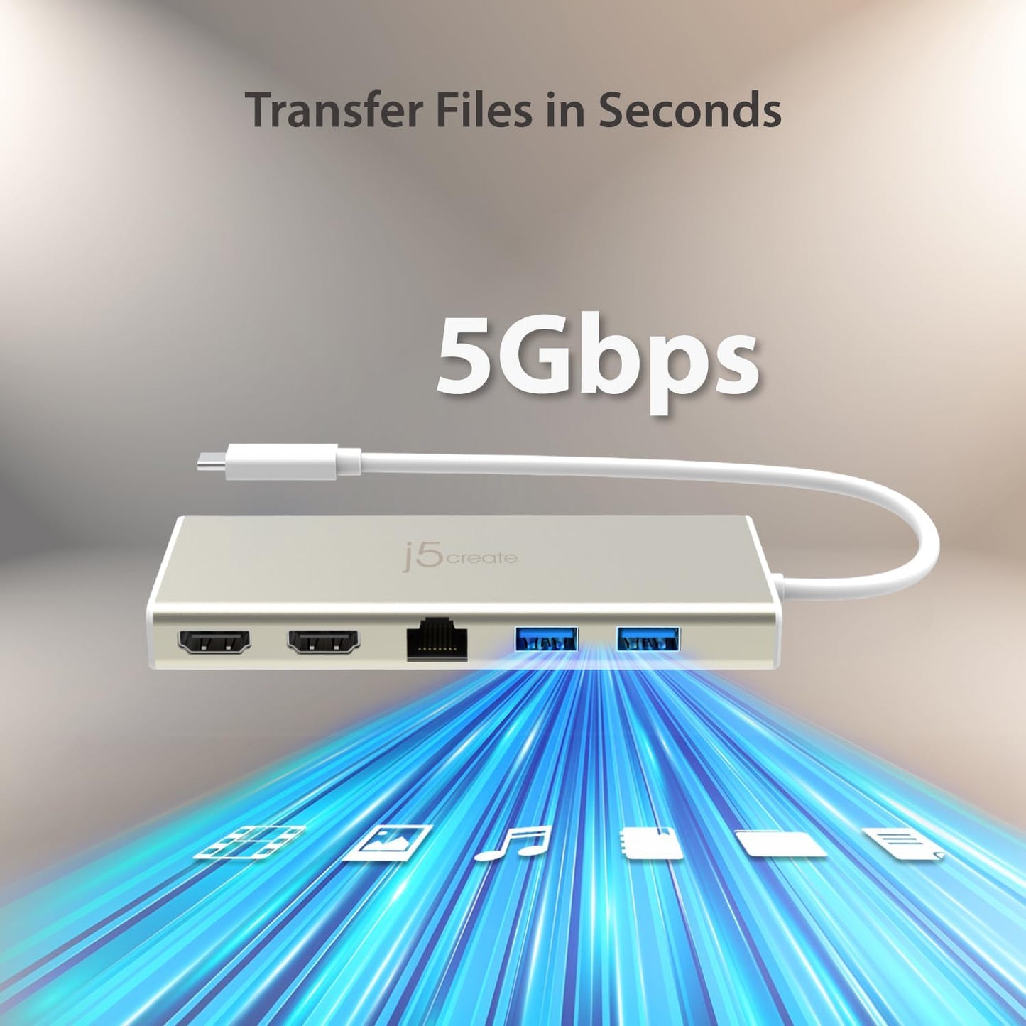 j5create USB-C Mini Dock-Type C Hub with 2X HDMI, 2X USB 3.0, Ethernet, Power Delivery 2.0 (JCD381)