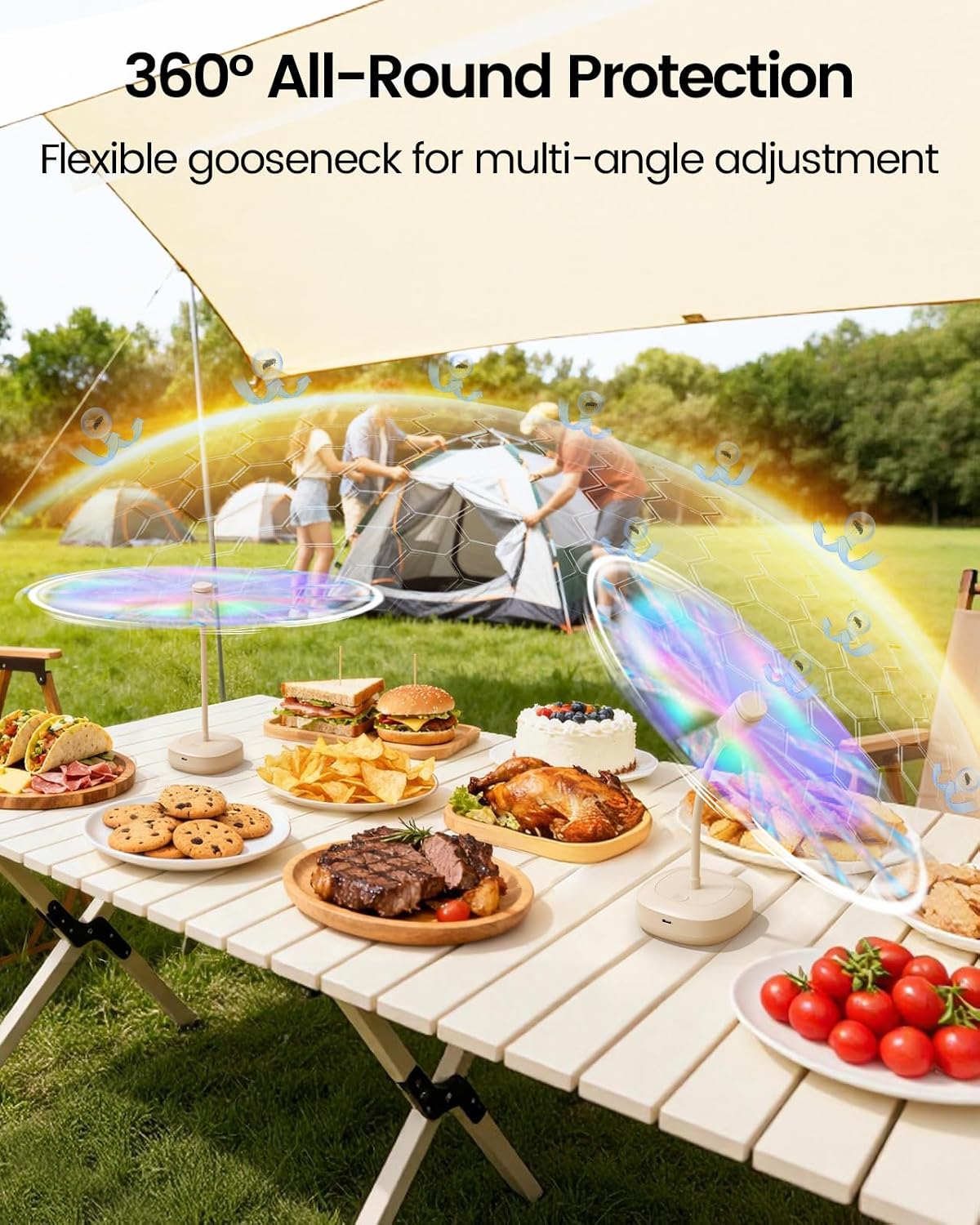 Edvision Fly Fans for Tables, 2000mAh Rechargeable Food Fan, 20H Runtime | Flexible Neck for 360° Coverage, Quiet Table Fan with Soft Safety Blades, Ideal for Party, Picnic, BBQ, Indoor & Outdoor Use