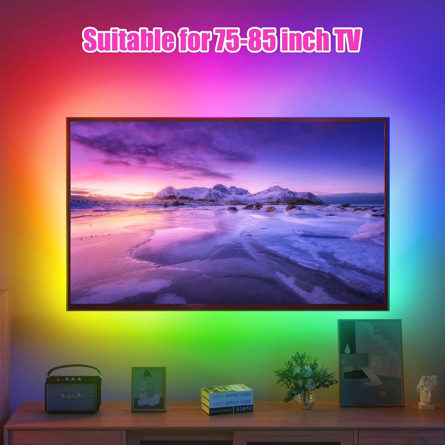 maylit 18ft ICRGB TV LED Backlight for 75-85in TVs | Bluetooth App & Remote, Music Sync with Sound, USB Powered, Color Changing Bias Glow, For HDTV Room Decor