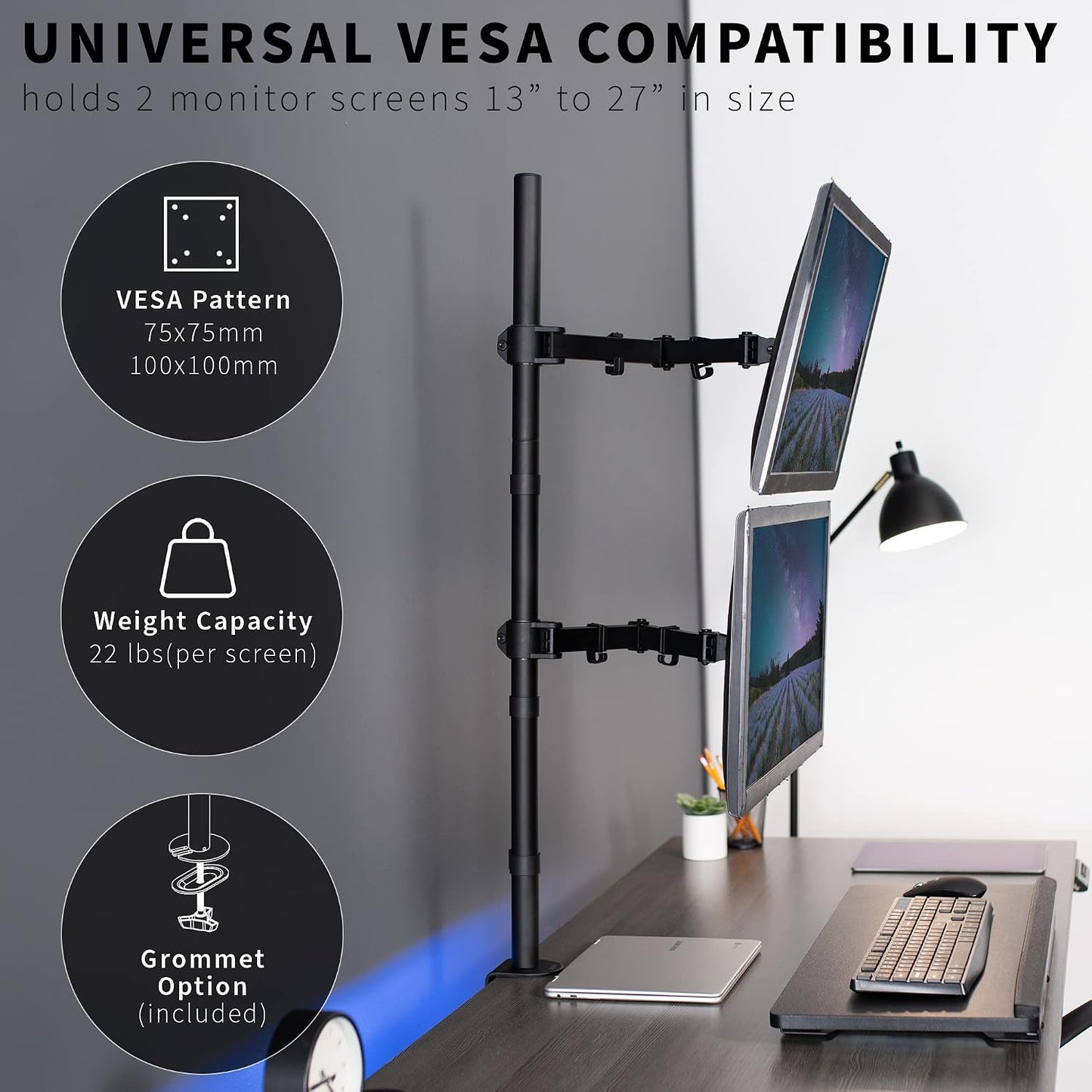 VIVO Extra Tall Vertically Stacked Dual Monitor Desk Mount Stand with 39 inch Stand-up Pole, Fully Adjustable Extended Arms, Fits 2 Screens up to 27 inches, STAND-V012T