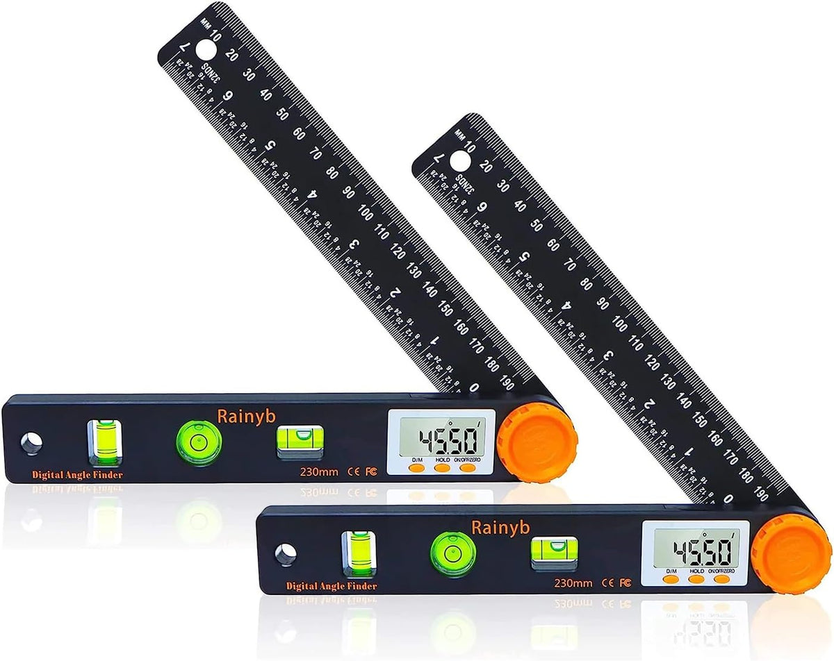 Rainyb Digital Angle Finder Tool 7inch 0-360 degree LED Digital Protractor with Horizontal Vertical Bubble Levels and Ruler Meter Accurate Tools for Carpenters,Woodworkers,Fabricators