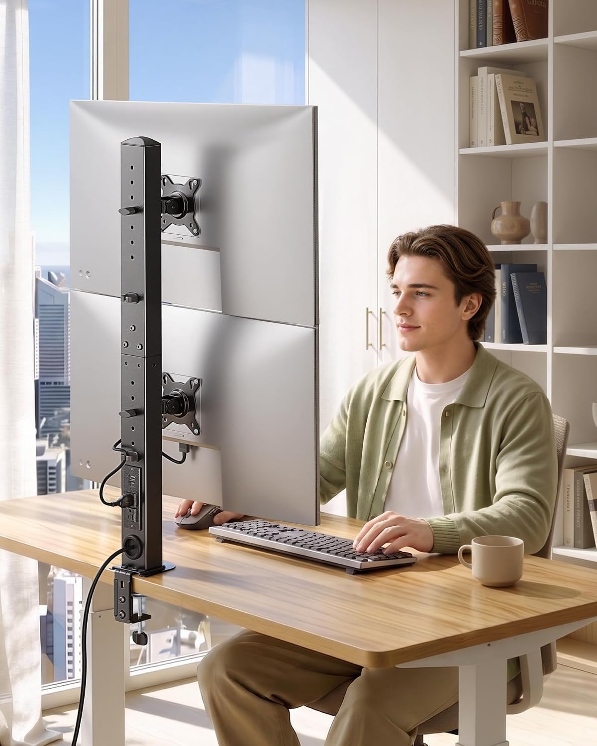 monTEK Powered Stacked Dual Monitor Stand for 17-32", Clamp/Grommet