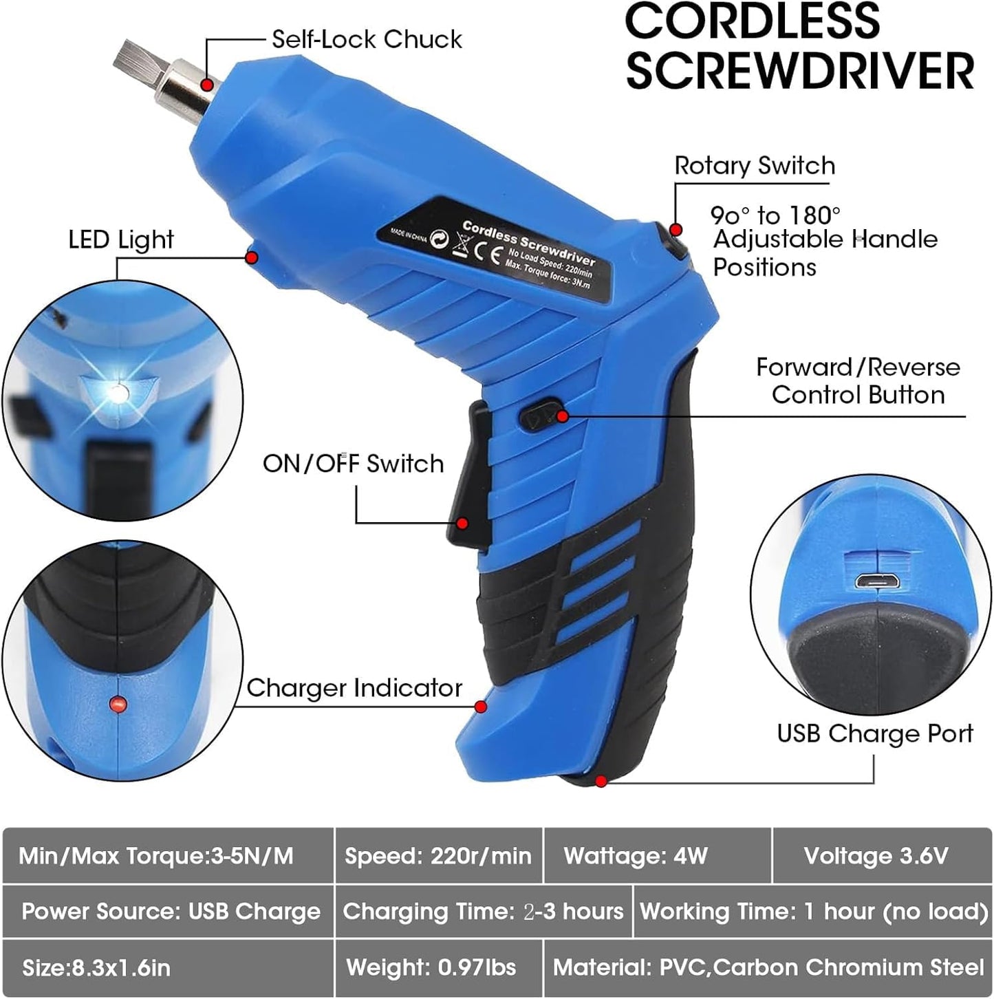 Cordless Electric Screwdriver, 3.6V usb Charging 2-3hours, Small Drills for Moving, Disassembling and Reassembling Cabinets and Beds not Suitable for Construction Sites and Concrete Drilling