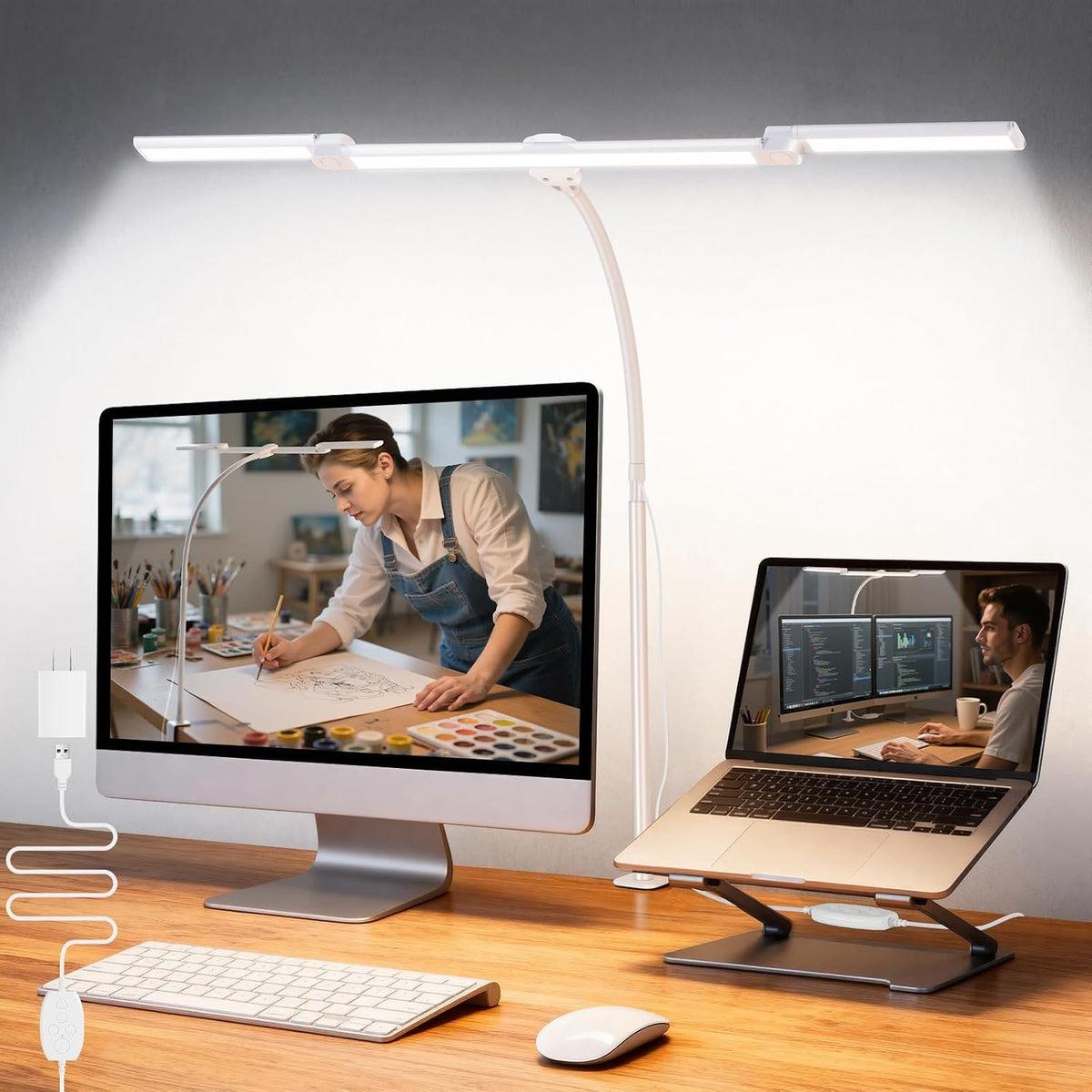 LED Desk Lamp for Office Home, Adjustable 3 Head Desk Light with Adapter