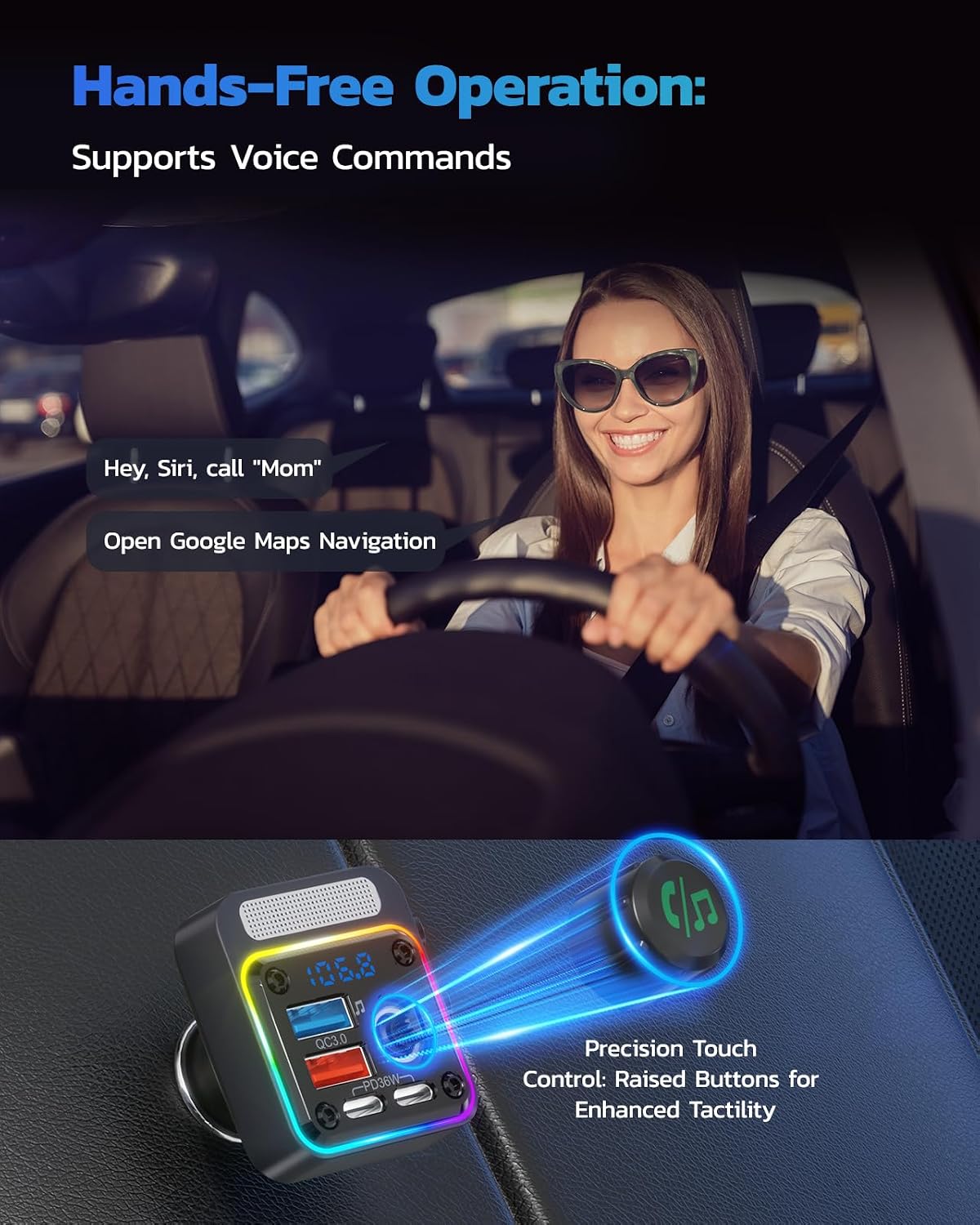 Nulaxy 54W Bluetooth 5.3 Car Adapter, FM Transmitter 4-Port Fast Charging | Wireless FM Radio Music Player with Deep Bass, 5 Colors LED Backlit, Hands-Free Calling, PD&QC Car Charger Support USB Drive