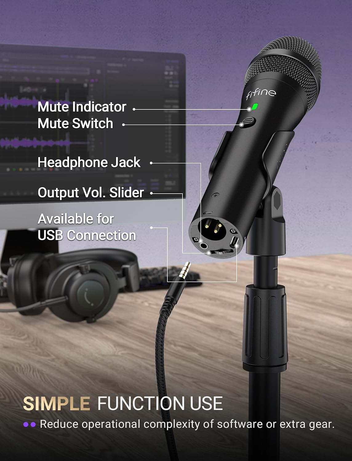FIFINE AmpliTank TANK2 USB/XLR Dynamic Microphone for Podcast Recording | Studio Desktop Mic with Mute Button, Height-Adjustable Stand, Windscreen for Vocal, Streaming, Voice Over, Black
