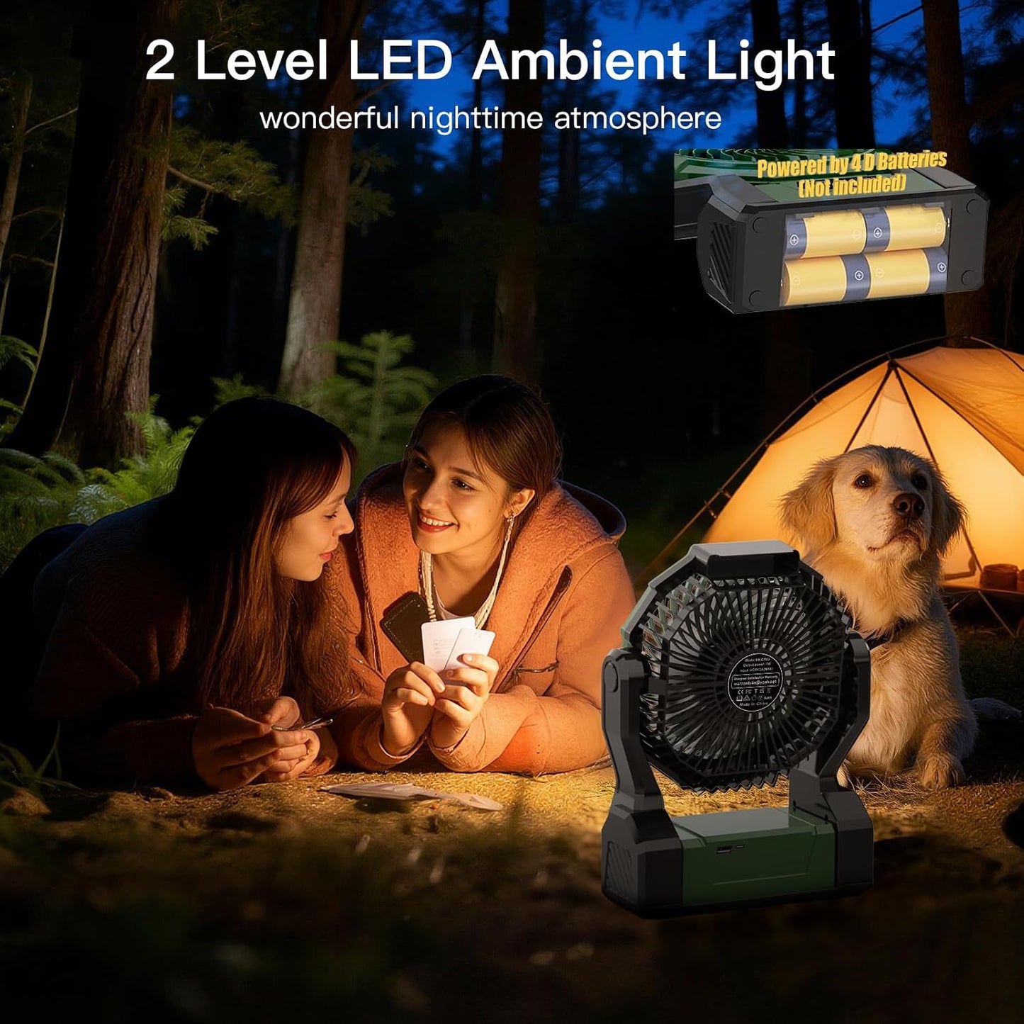 Battery Operated Fan, 2-in-1 D-Cell Battery & USB Powered Portable Fan with 4 Speeds, 3 Timers & 2 Light Modes, Super Long Lasting Camping Fan for Outdoor Tent Travel Picnic Office Bedroom - Green
