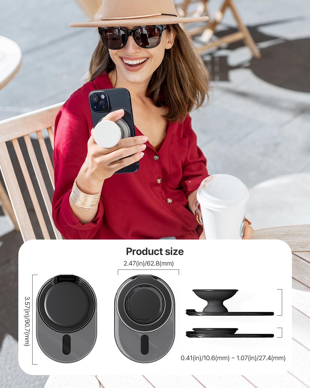Sinjimoru Phone Grip Stand for MagSafe, Magnetic Kickstand, Clear Black | M-Tap Tok Stand, strong magnet, soft silicone grip, Adjustable Kickstand for Portrait or Landscape, metal plate included