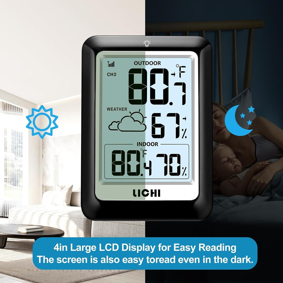 Indoor Outdoor Thermometer Wireless Weather Station, Internal External Thermometer Hygrometer, Home Batteryoperated Temperature Humiditymonitors330 Feet (About 100 Meters) Backlight Display (Black)