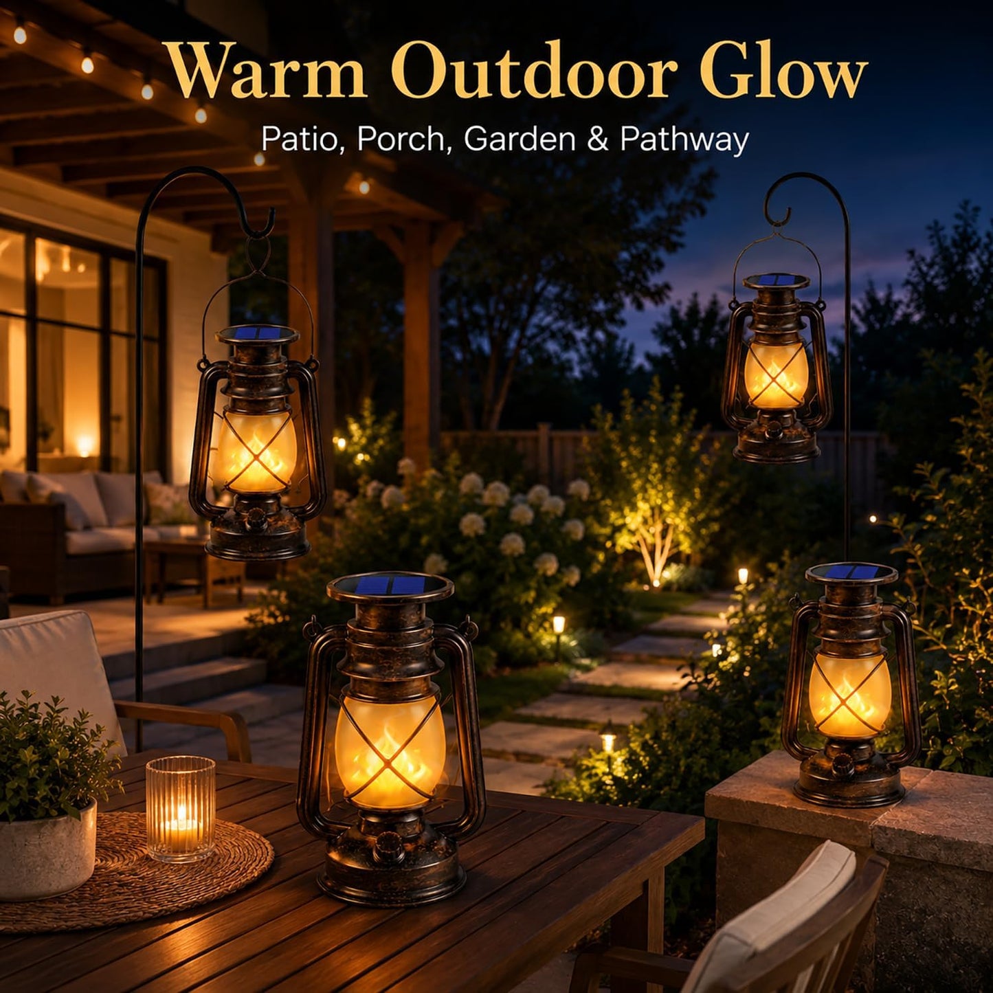 Marlrin Solar Lanterns Outdoor Waterproof 2 Pack LED Flickering Flame Light | Vintage Hanging Solar Lanterns Decorative Outdoor for Patio Garden Porch Decor Yard Pathway Camping Table Holiday Halloween