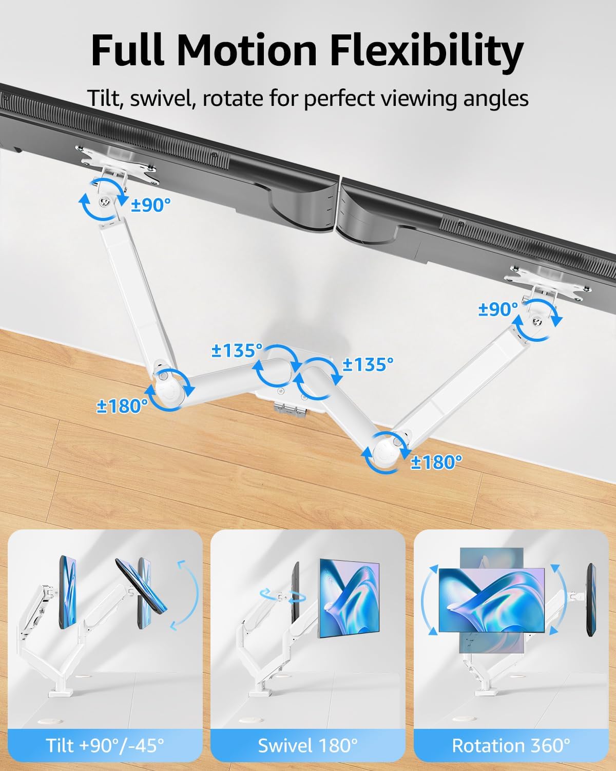 MOUNTUP Dual Monitor Stand for Desk, Monitor Arms for 2 Monitors Max 32 Inches, Height Adjustable Double Monitor Mount, VESA Mount with C-Clamp & Grommet Base, Holds 4.4-17.6lbs, White