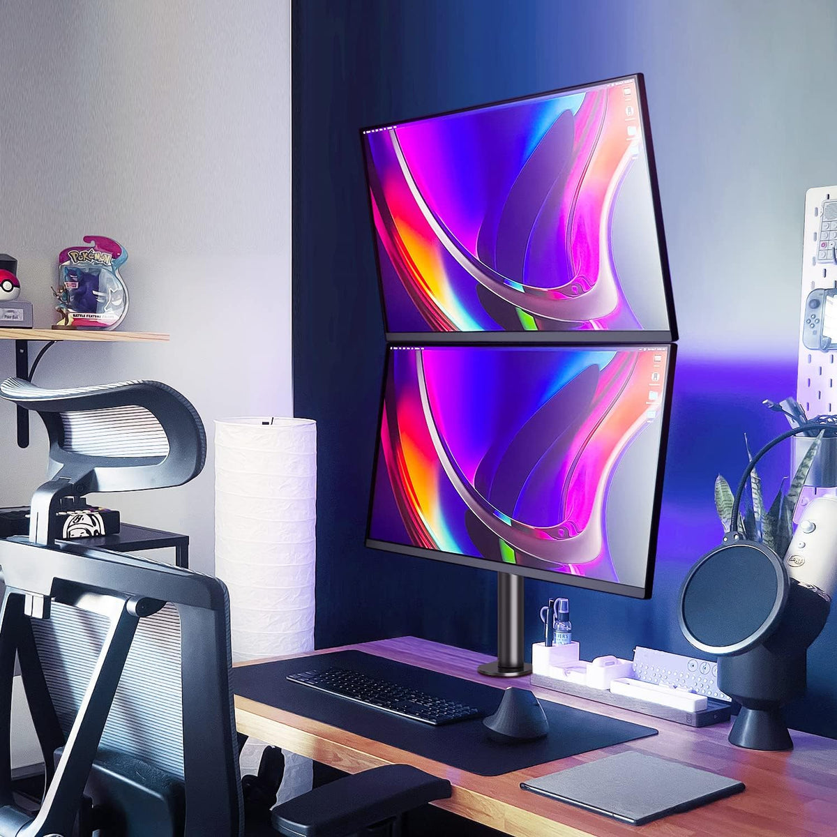 MOUNTUP Dual Monitor Stand, Vertical Monitor Mount for 2 Max 32 inch Stack Screen Monitors, Height Adjustable, Swivel, Tilt Monitor Desk Mount with C Clamp Grommet Base, Home Office
