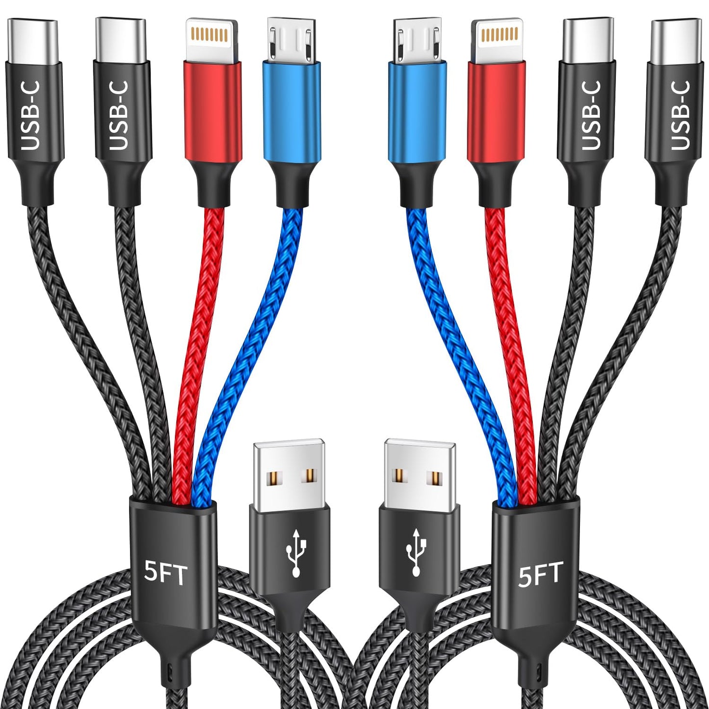 Dual TypeC 4 in 1 Multi Charging Cable, Charging Cords for Multiple Devices | 2Pack 5FT USB Cable, Universal Phone Charger Cord for iPhone17-8/Androids/iPad and More, Travel Essentials Car Accessories