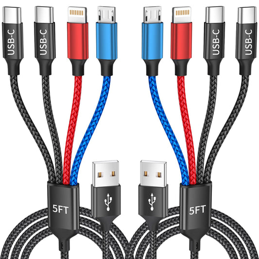 Dual TypeC 4 in 1 Multi Charging Cable, Charging Cords for Multiple Devices | 2Pack 5FT USB Cable, Universal Phone Charger Cord for iPhone17-8/Androids/iPad and More, Travel Essentials Car Accessories