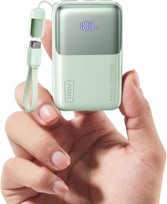 INIU Portable Charger, Ultra Mini 10000mAh 45W Fast Charging Power Bank | Flight-Safe, USB-C Cable, Travel Essential, 45W Battery Phone Pack for iPhone 17 16 Samsung S26 Google iPad etc, Light Green