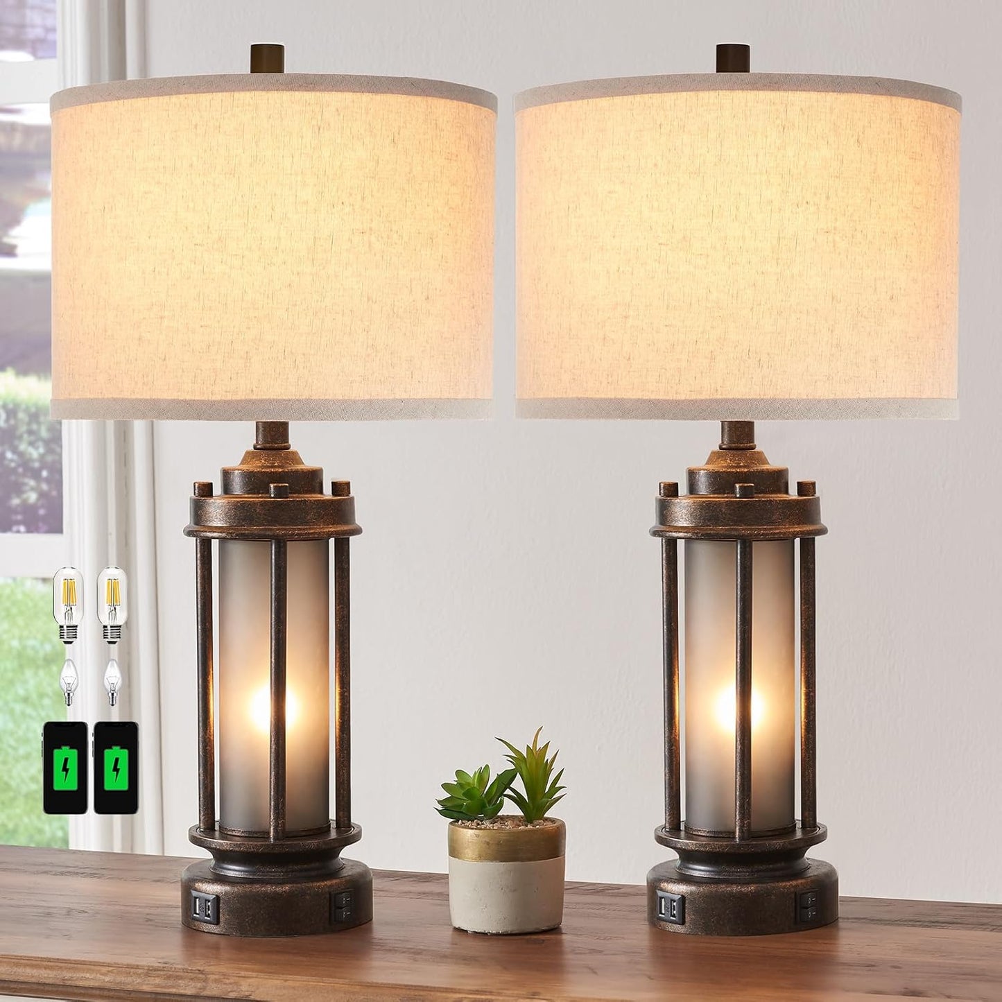 Set of 2 Farmhouse Lamps for Living Room with Glass Night Light and USB C+A | Rustic Vintage Bedroom Nightstand Table Lamp, Built-In Frosted Glass for End Table Entryway, 4 Bulbs Included (Bronze)