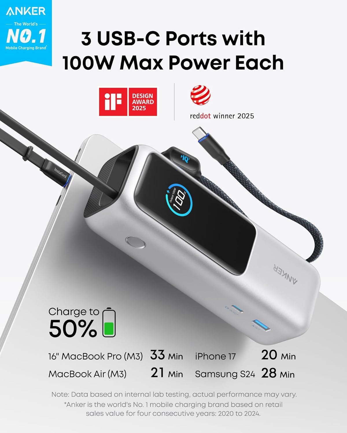 Anker Laptop Power Bank, 25,000mAh Travel Essential with 165W Total Output | 3 USB-C Ports with 100W Max Each, Built-In Retractable Cables, Flight-Ready, for iPhone 17 Series, MacBook, and More