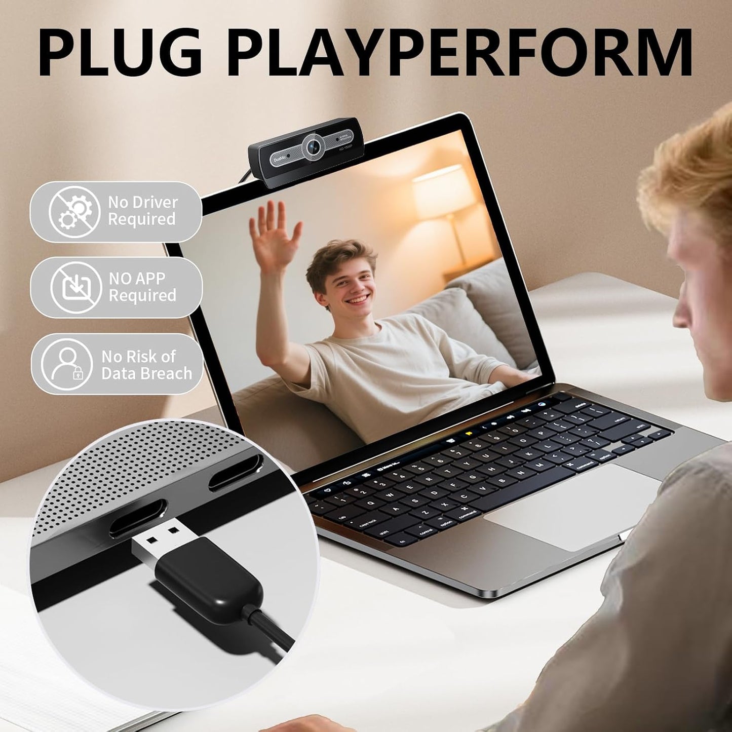 1080P Webcam with Microphone, Full HD Streaming Camera, Noise Cancelling, Auto Light Adjustment, USB Plug-and-Play Computer Camera, for Desktop PC or Laptop