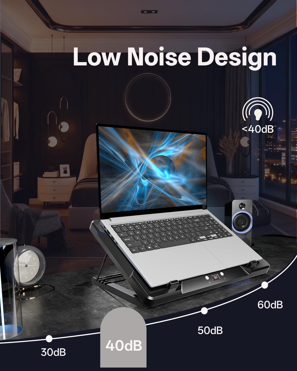 DEPGI Laptop Cooling Pad, Laptop Cooler Stand with 5.5" Movable Fan Easy to Clean, Auto Temp Sensor & 3-Speed Manual Control, Ultra Quiet ≤40dB for 14–17.3 Inch Laptops，Black